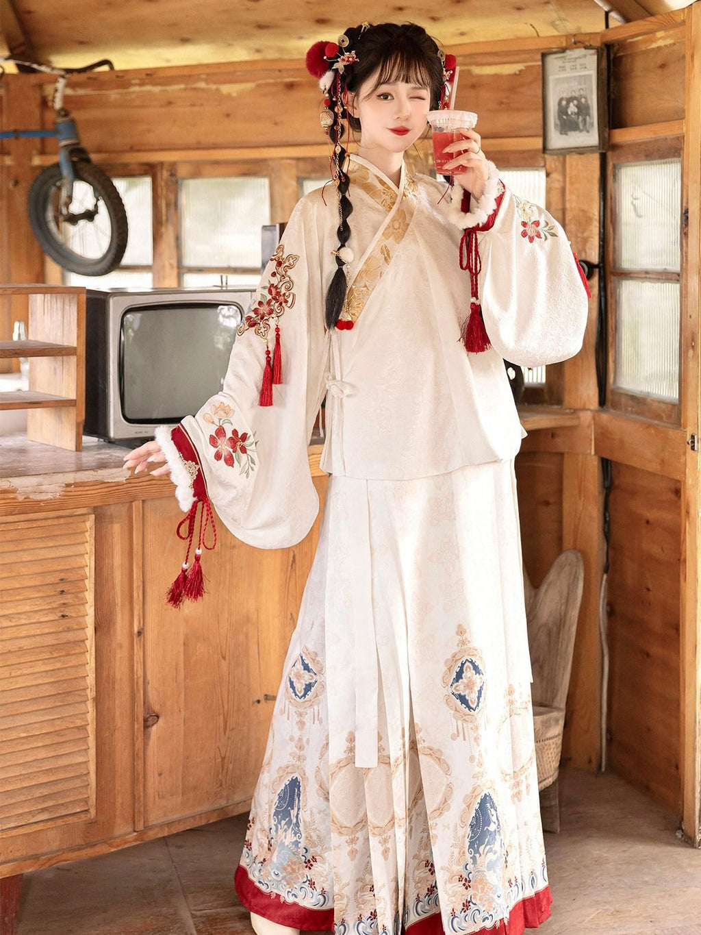 Sweet Promise Hanfu Armor Vest Cross Collar Horse Face Skirt Women's Polyester Skirt Sets
