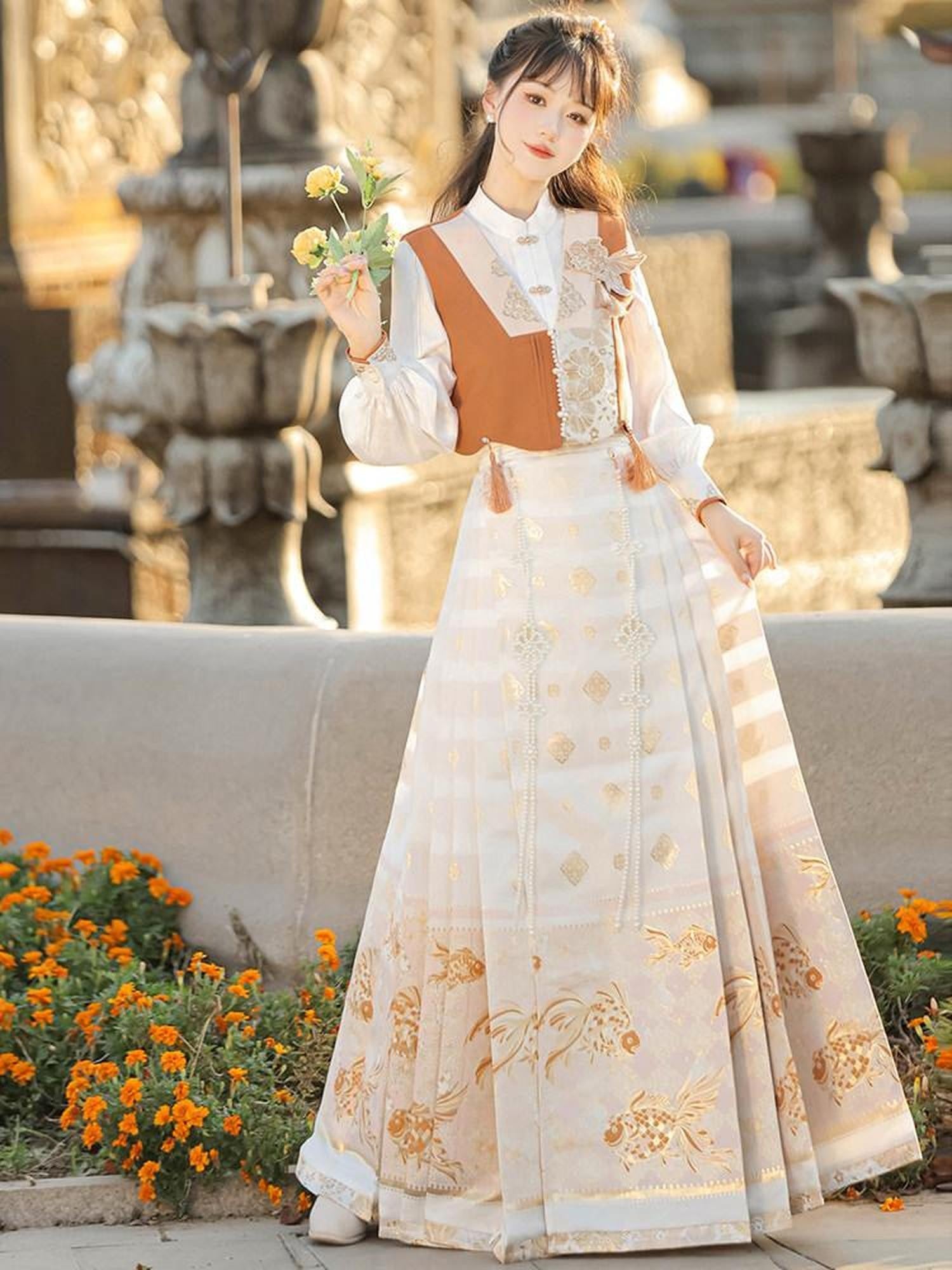 Sweet Promise Hanfu Inspired Woven Gold Mamian Skirt Vest Shirt Women's Polyester Skirt Sets