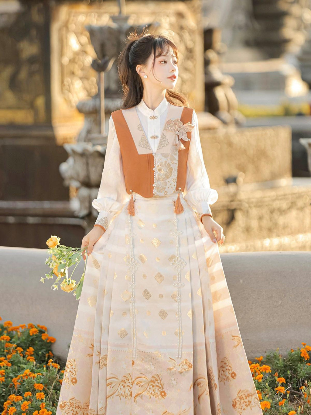 Sweet Promise Hanfu Inspired Woven Gold Mamian Skirt Vest Shirt Women's Polyester Skirt Sets