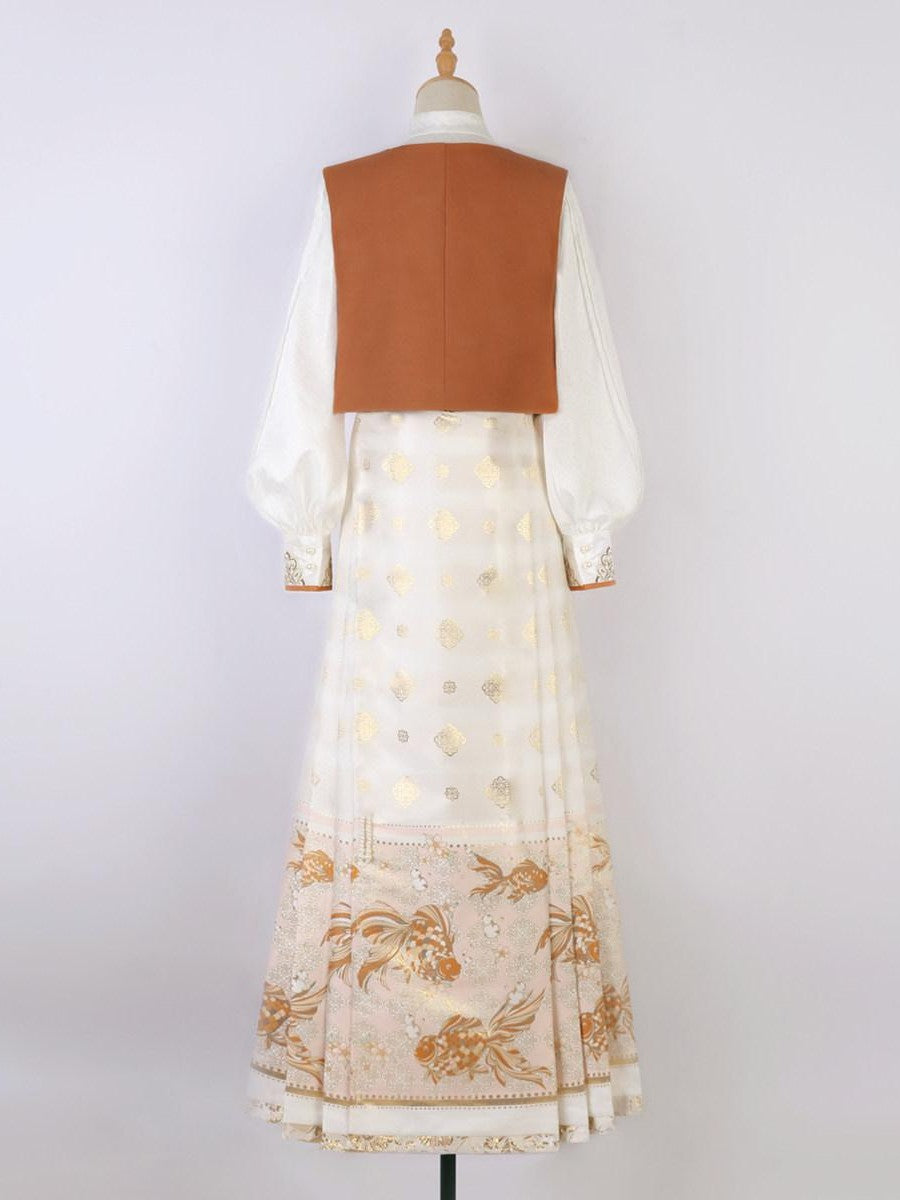 Sweet Promise Hanfu Inspired Woven Gold Mamian Skirt Vest Shirt Women's Polyester Skirt Sets