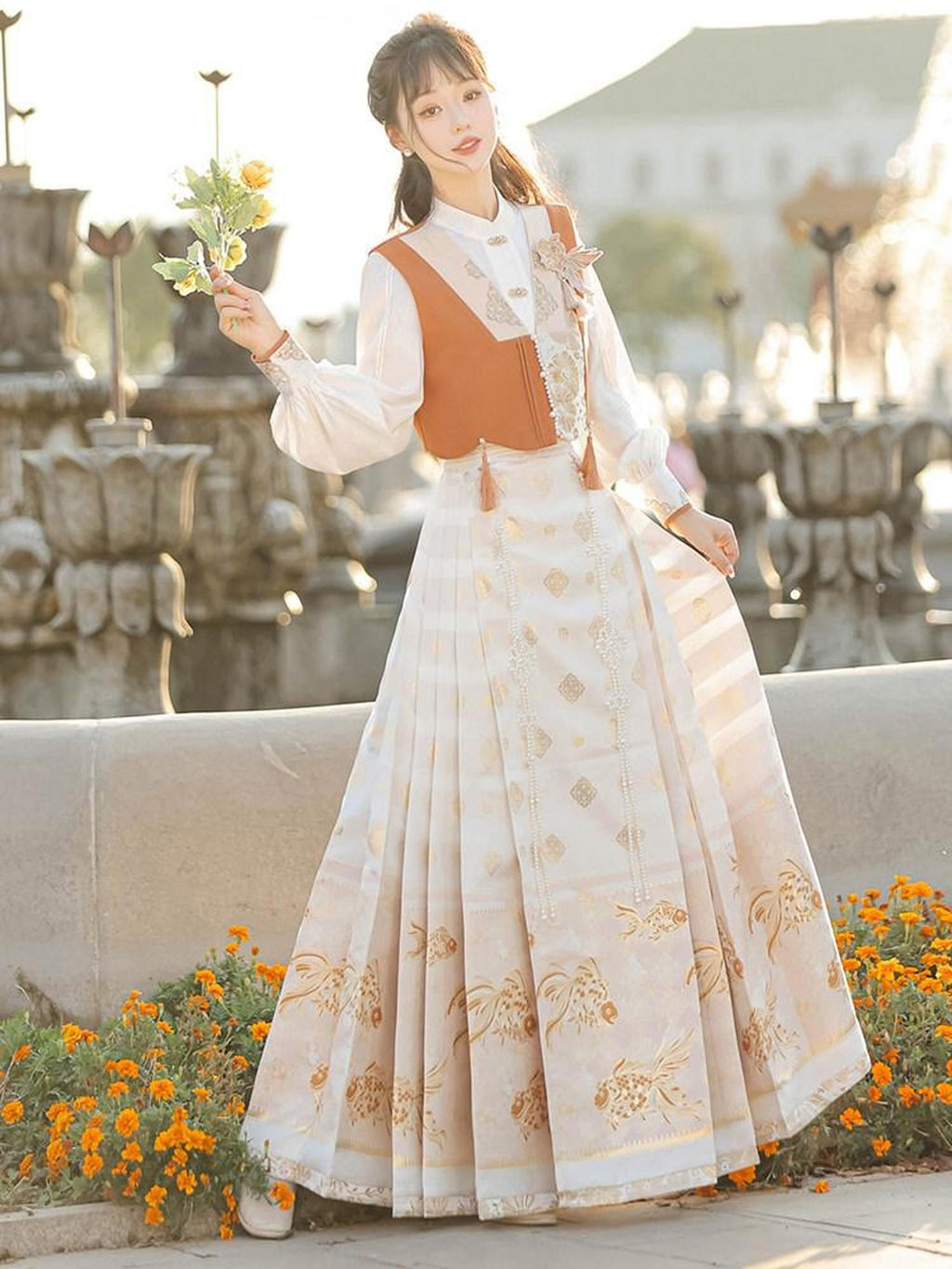 Sweet Promise Hanfu Inspired Woven Gold Mamian Skirt Vest Shirt Women's Polyester Skirt Sets
