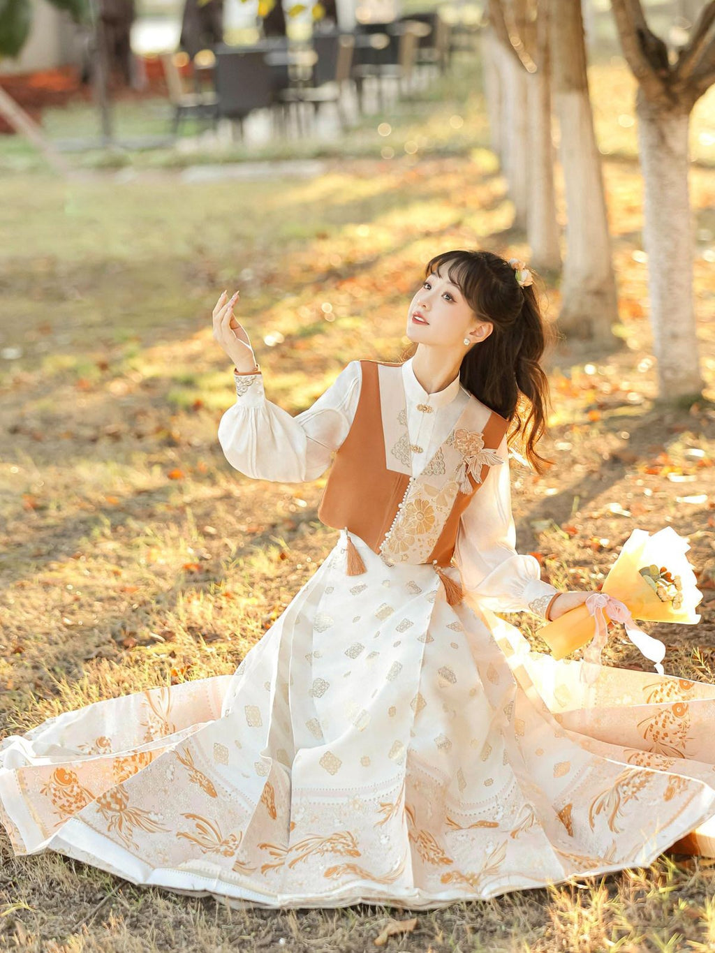 Sweet Promise Hanfu Inspired Woven Gold Mamian Skirt Vest Shirt Women's Polyester Skirt Sets