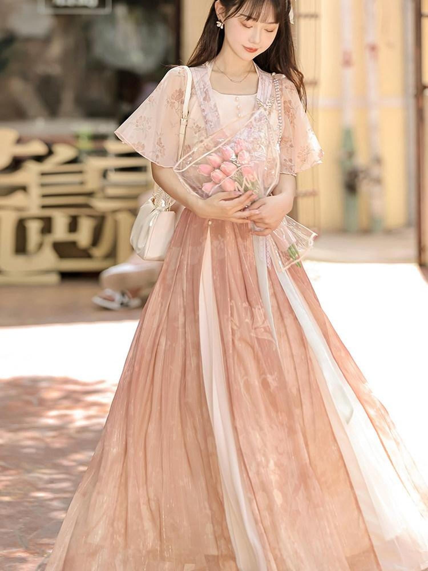 Sweet Promise Hanfu Lolita Chinese V-neck Tie A Line Three Piece Women's Polyester Jsk Sets