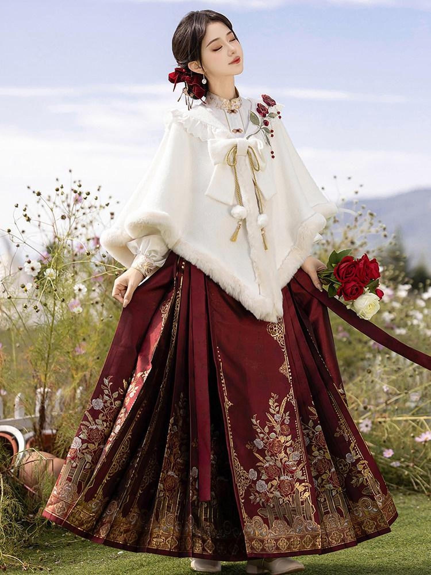 Sweet Promise Hanfu Ming Style Mamian Skirt Han Chinese Elements Women's Polyester Skirt Sets