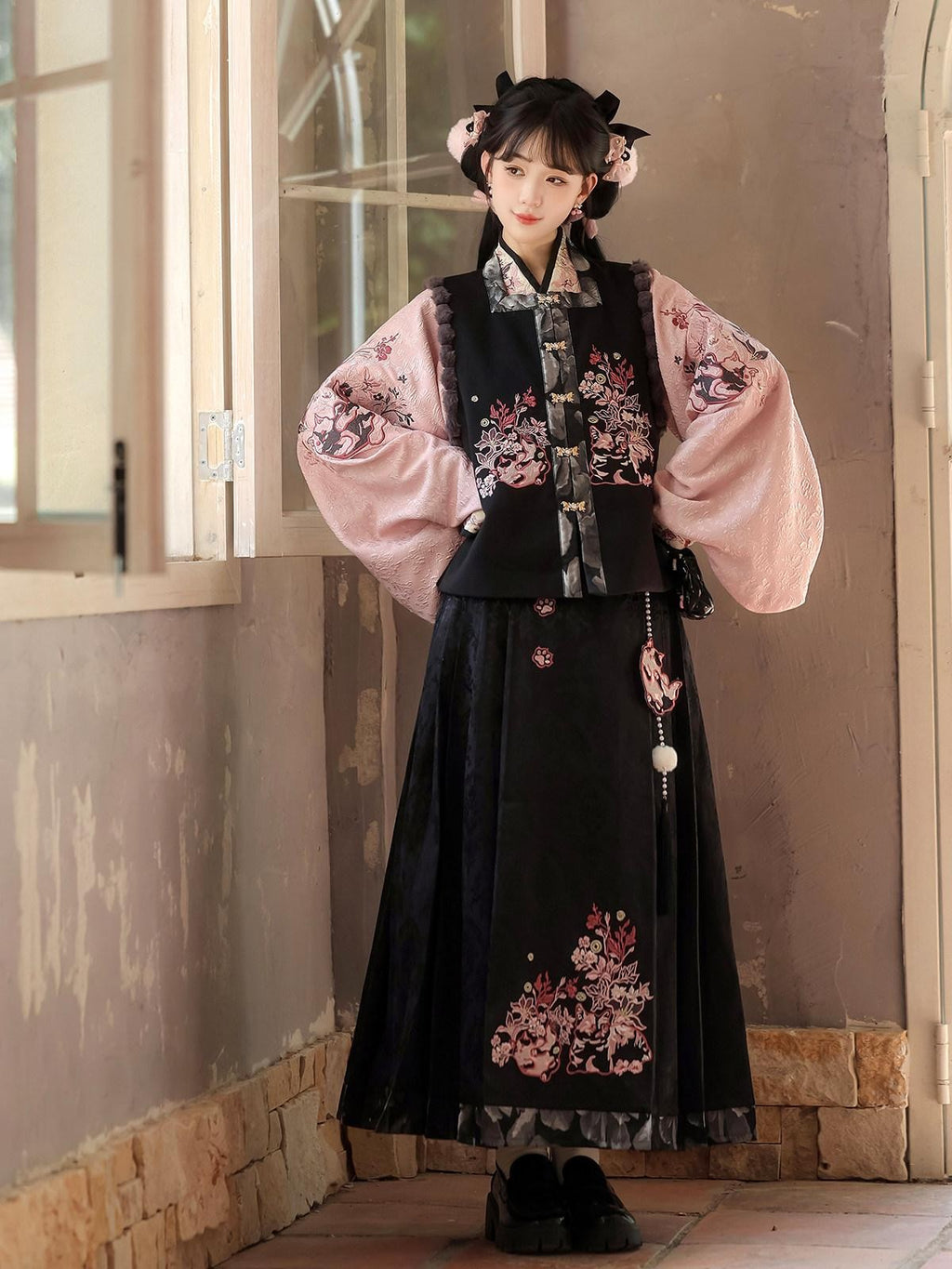 Sweet Promise Hanfu Retro Mamian Skirt Cross Collar Vest New Chinese Style Women's Skirt Sets