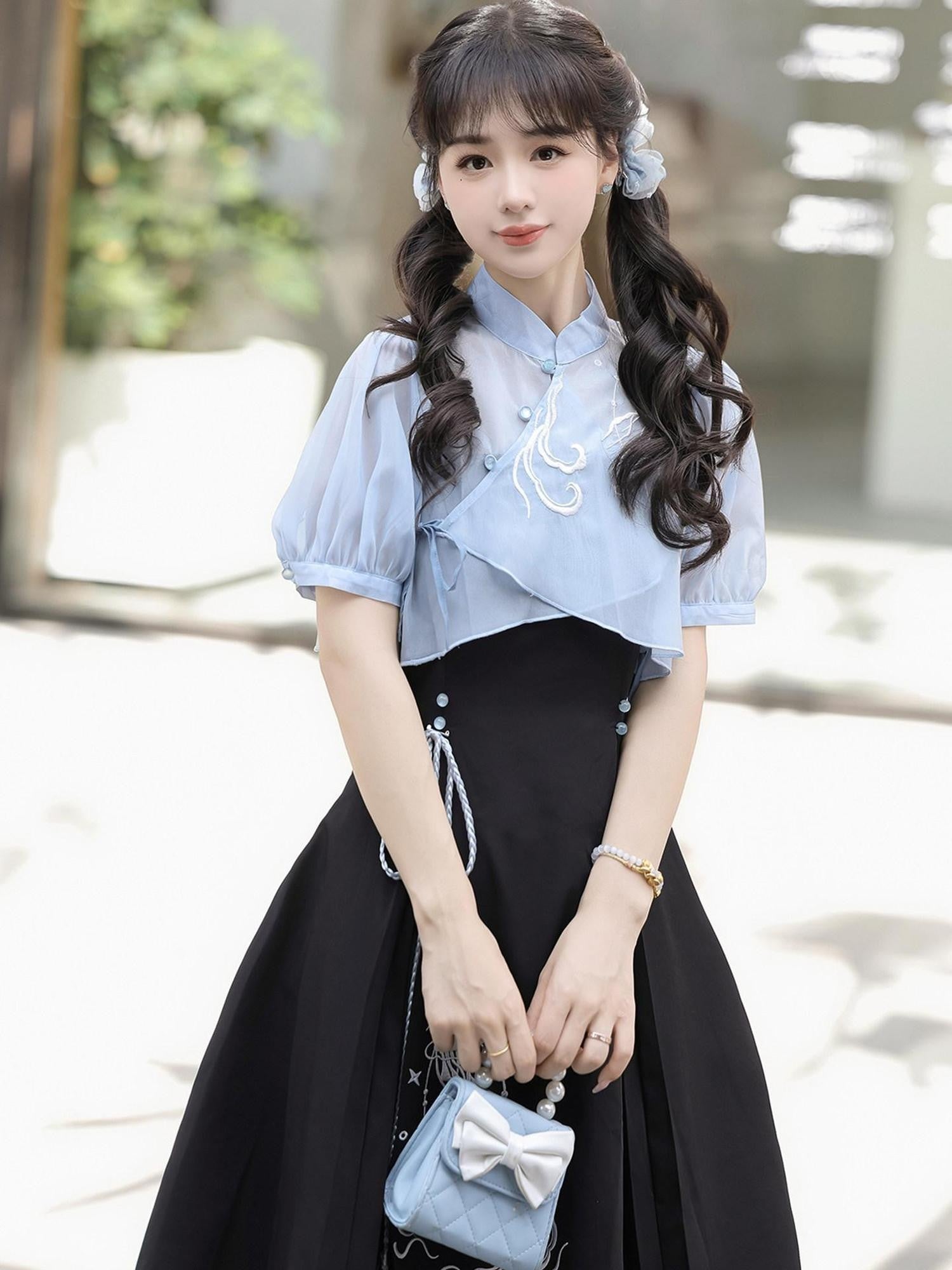 Sweet Promise Improved Hanfu Chinese Style Han Elements Women's Top And Slip Dress Jsk Sets