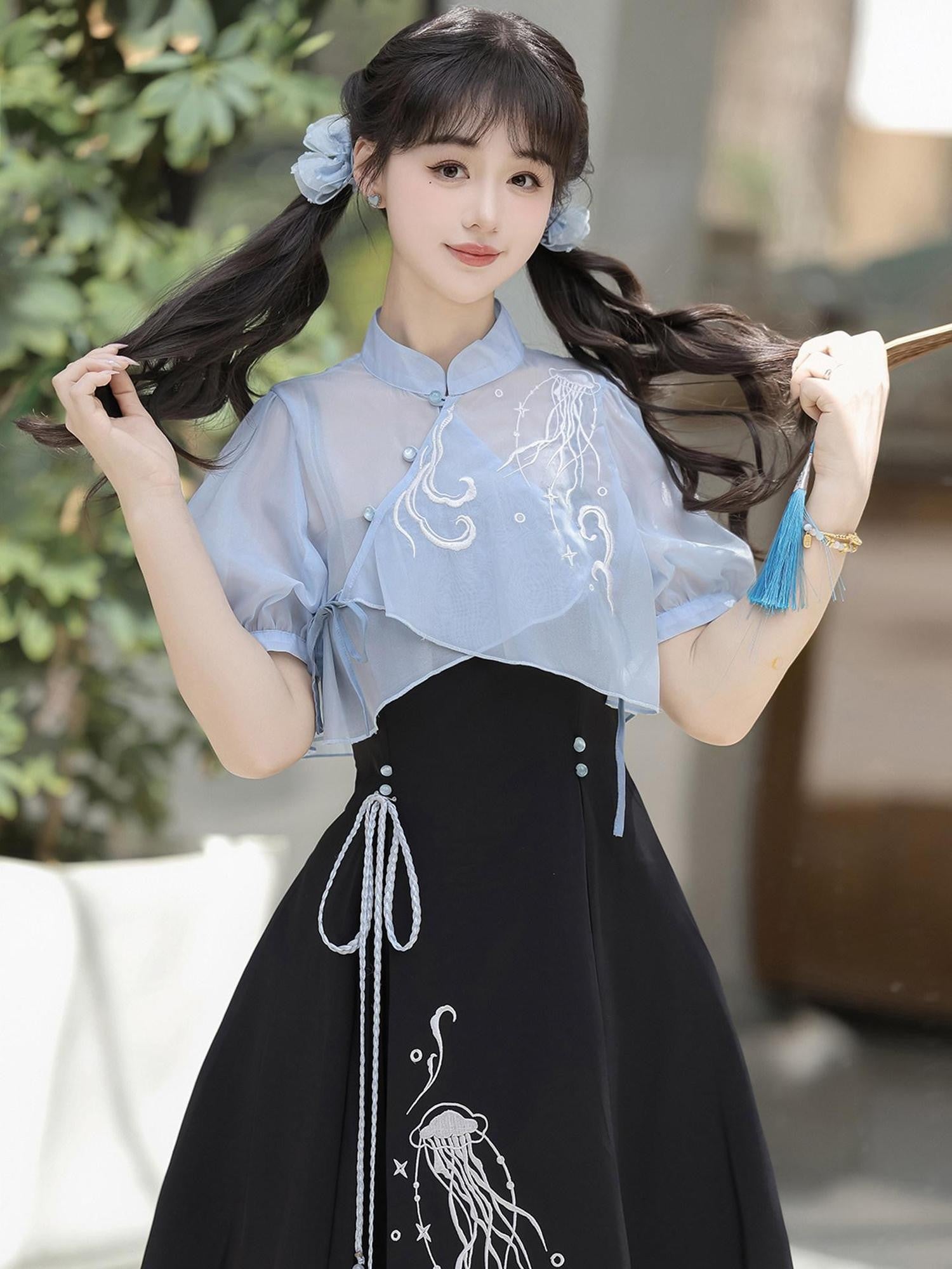 Sweet Promise Improved Hanfu Chinese Style Han Elements Women's Top And Slip Dress Jsk Sets