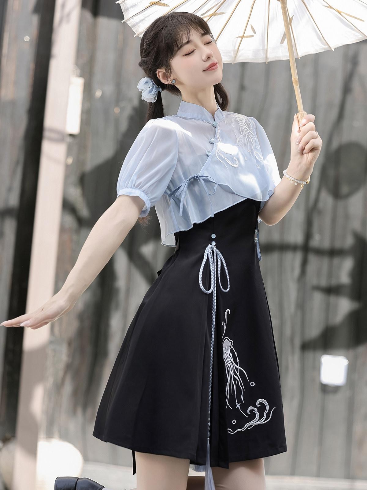 Sweet Promise Improved Hanfu Chinese Style Han Elements Women's Top And Slip Dress Jsk Sets