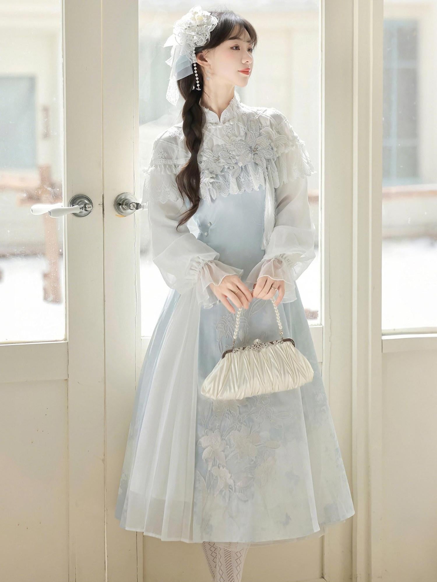 Sweet Promise Lily Dew Lolita A Line Stand Collar Fitted Women's Long Sleeve Op