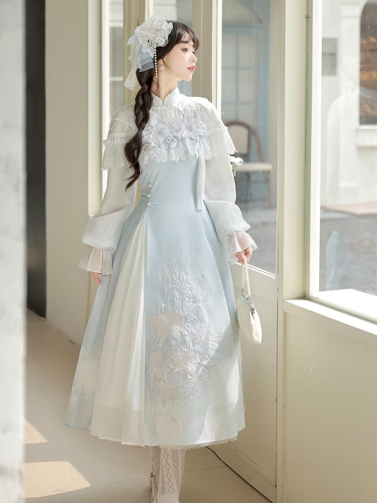 Sweet Promise Lily Dew Lolita A Line Stand Collar Fitted Women's Long Sleeve Op