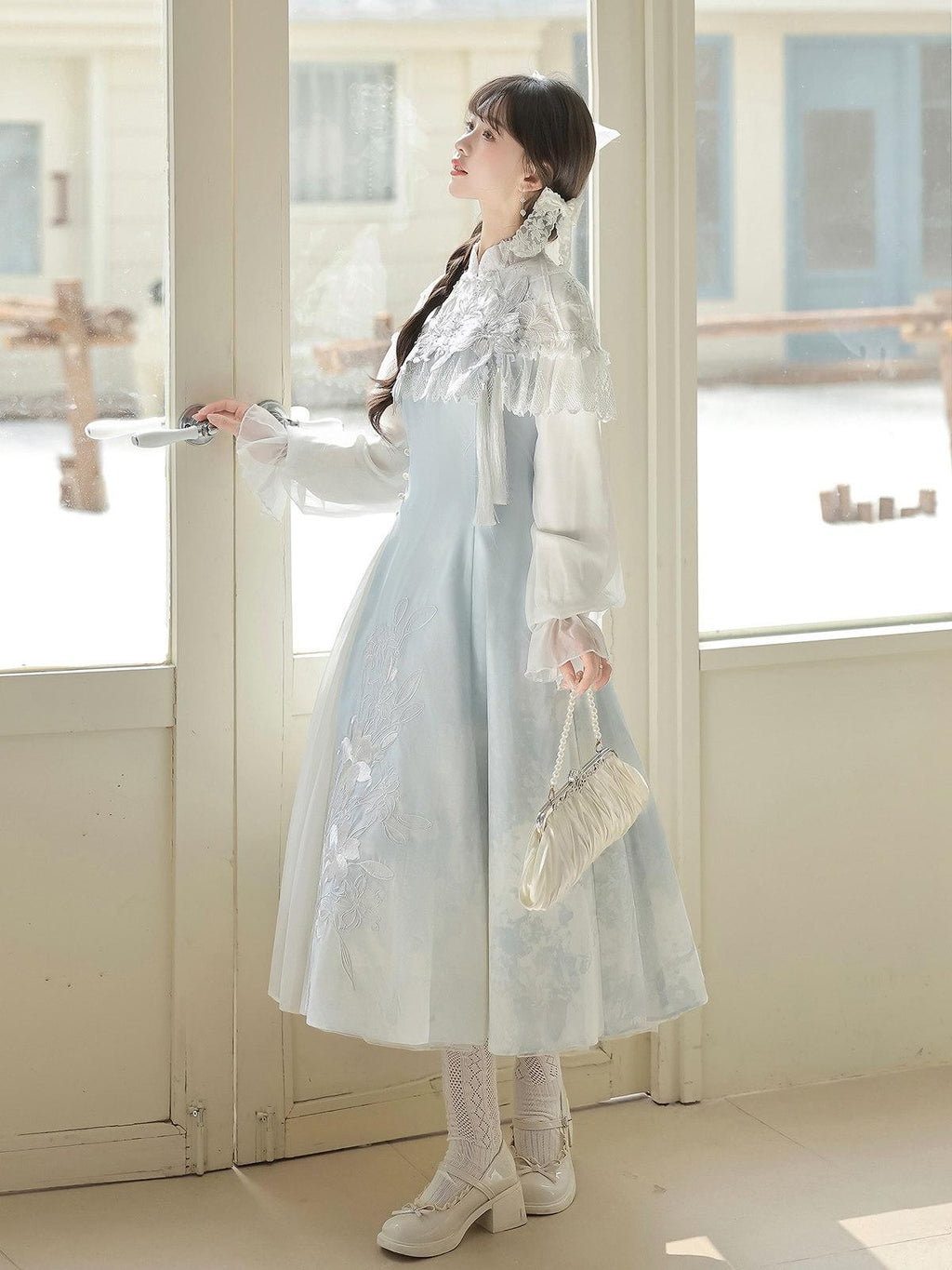 Sweet Promise Lily Dew Lolita A Line Stand Collar Fitted Women's Long Sleeve Op
