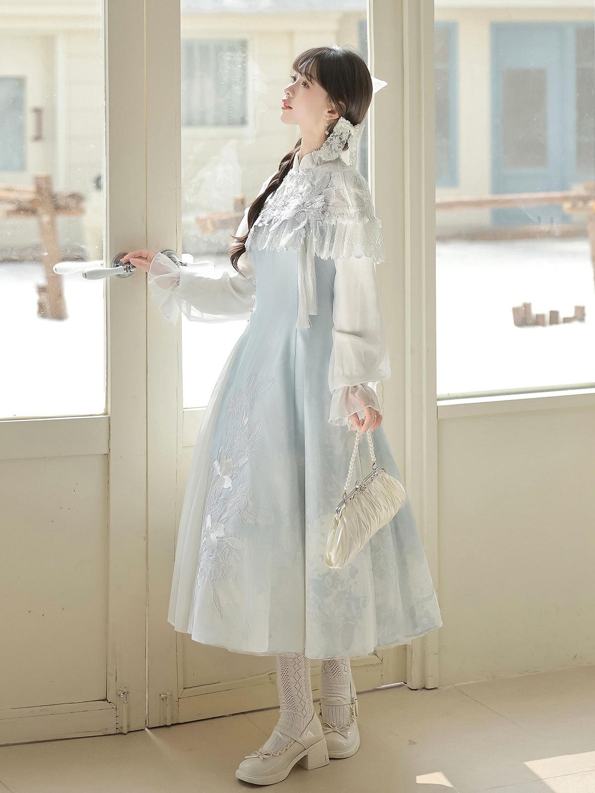 Sweet Promise Lily Dew Lolita A Line Stand Collar Fitted Women's Long Sleeve Op