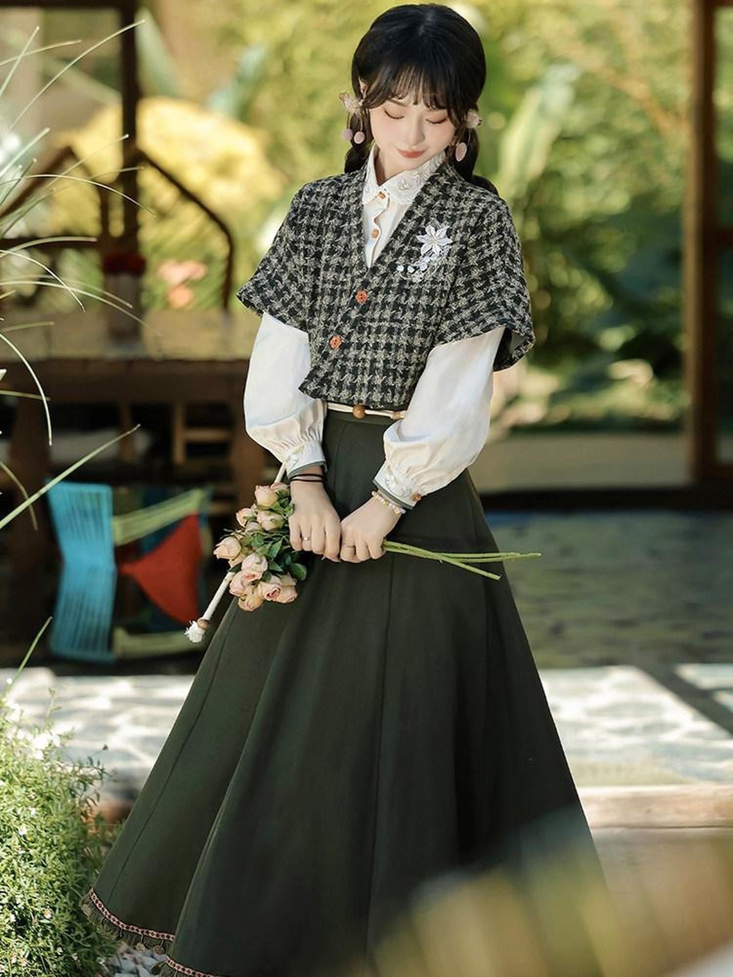 Sweet Promise Literary Retro Modified Hanfu Chinese Style Women's Polyester Skirt Sets