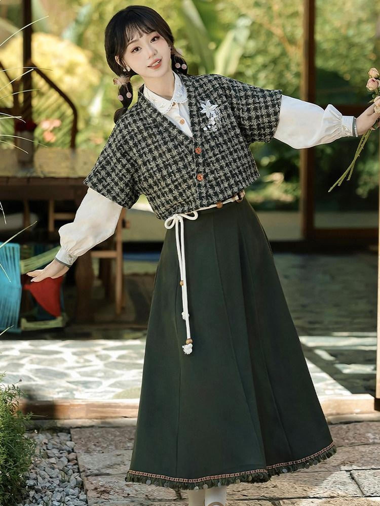 Sweet Promise Literary Retro Modified Hanfu Chinese Style Women's Polyester Skirt Sets
