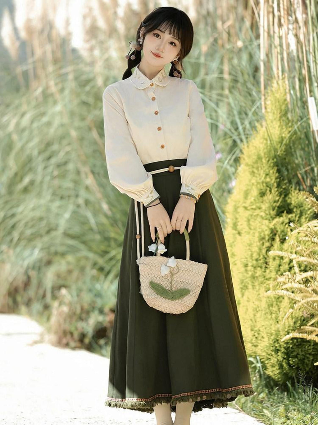 Sweet Promise Literary Retro Modified Hanfu Chinese Style Women's Polyester Skirt Sets