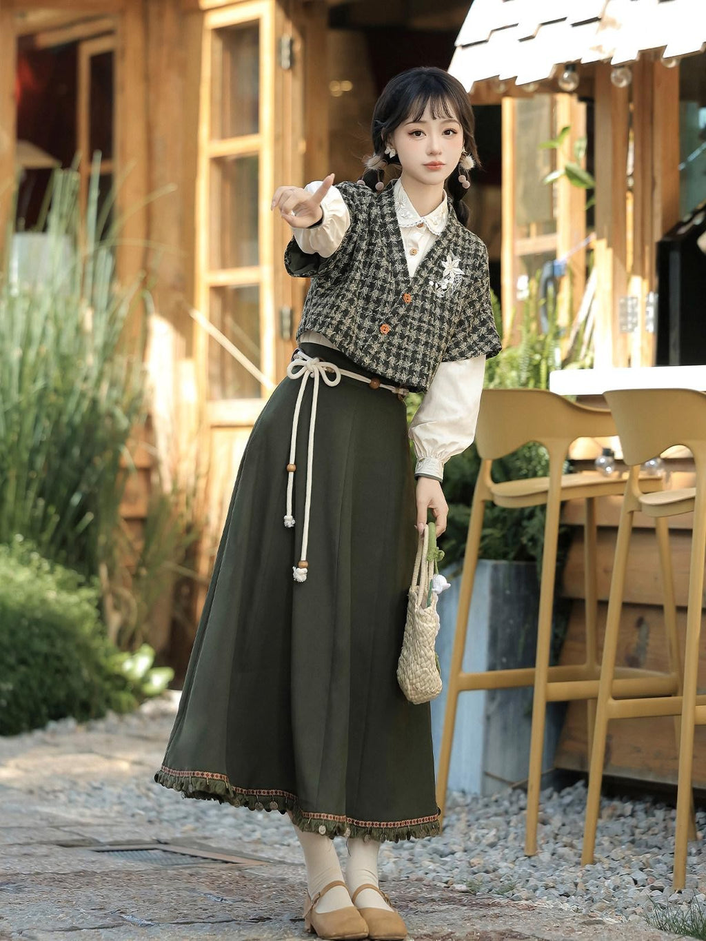 Sweet Promise Literary Retro Modified Hanfu Chinese Style Women's Polyester Skirt Sets