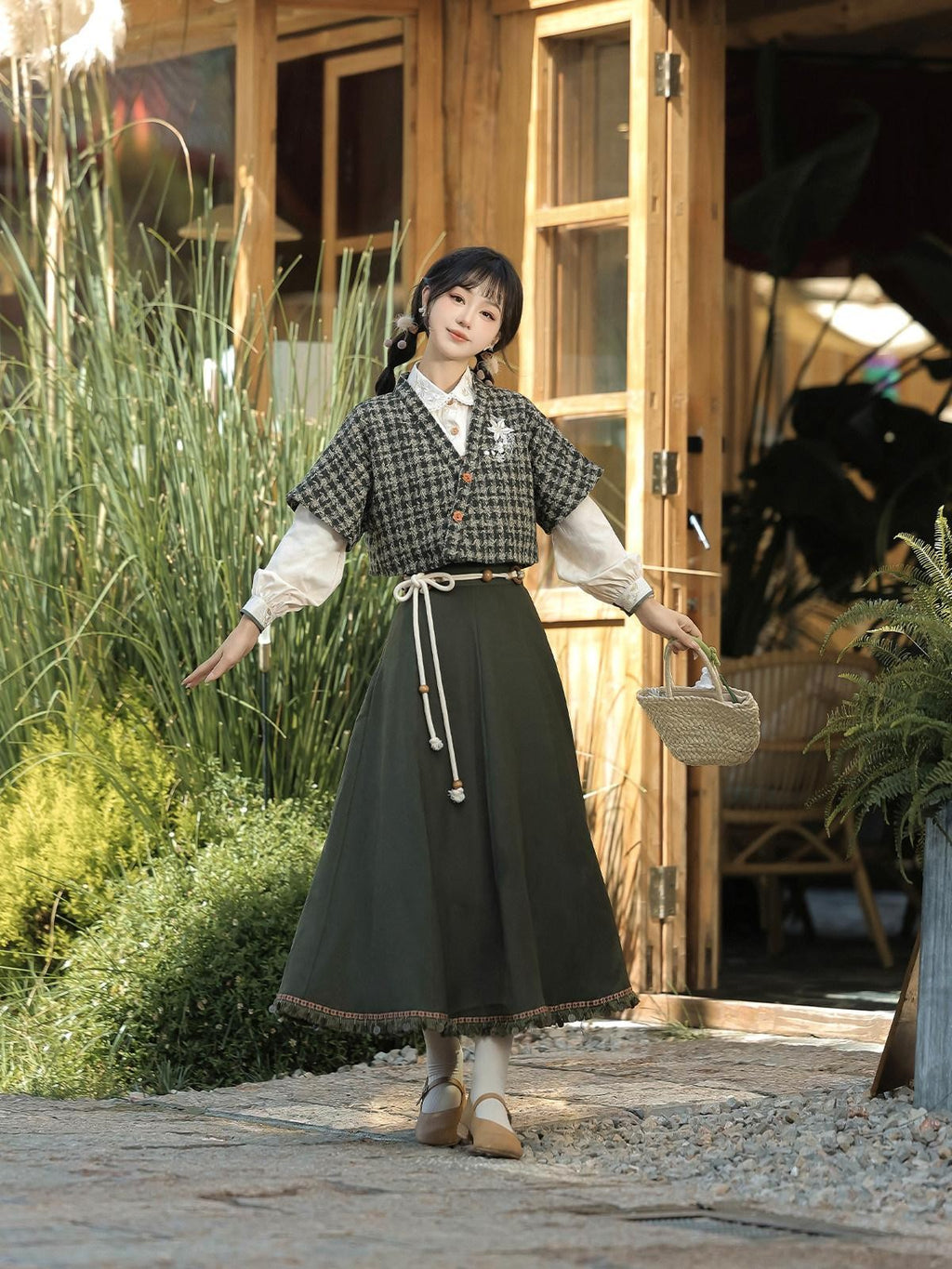 Sweet Promise Literary Retro Modified Hanfu Chinese Style Women's Polyester Skirt Sets
