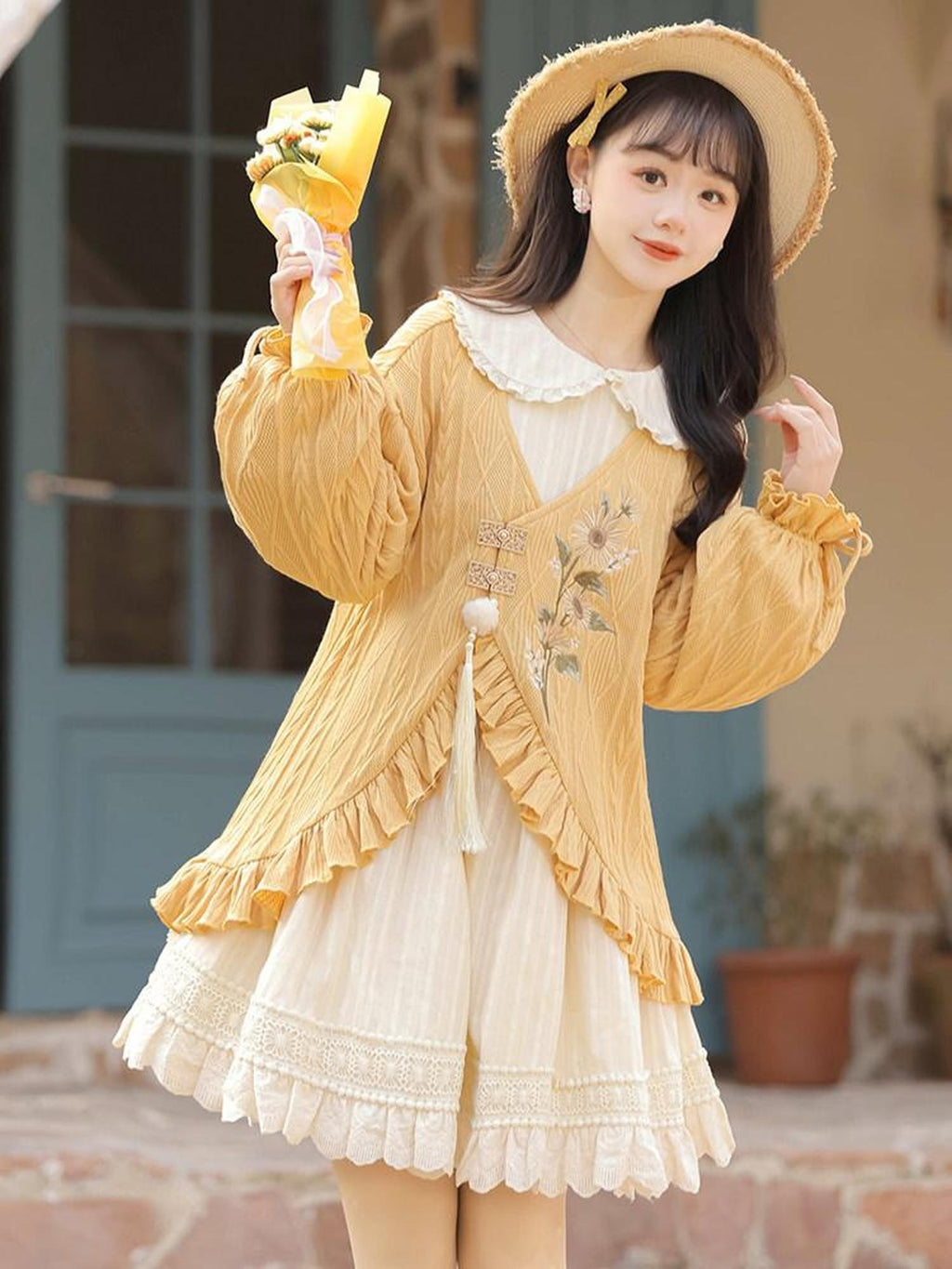 Sweet Promise Lolita Han Jacquard Doll Collar Lace Up Women's Polyester A Line Long Sleeve Op