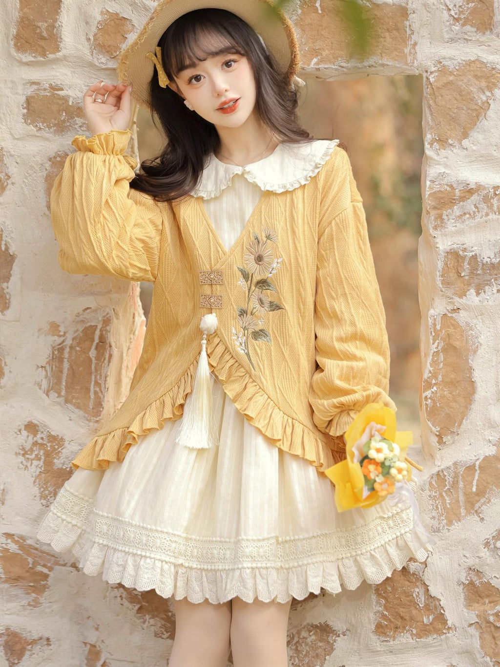 Sweet Promise Lolita Han Jacquard Doll Collar Lace Up Women's Polyester A Line Long Sleeve Op