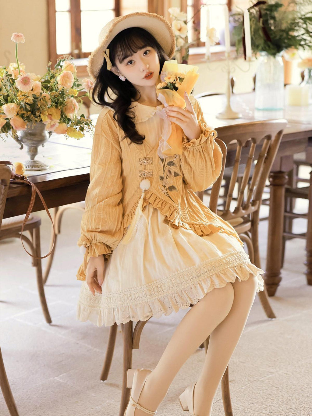 Sweet Promise Lolita Han Jacquard Doll Collar Lace Up Women's Polyester A Line Long Sleeve Op