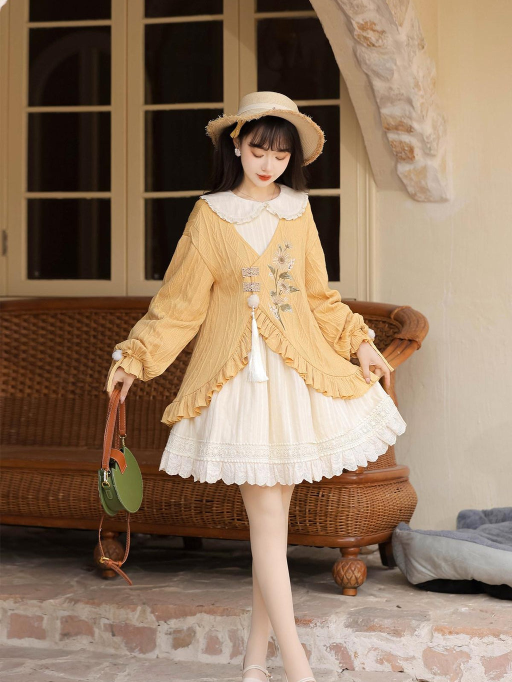 Sweet Promise Lolita Han Jacquard Doll Collar Lace Up Women's Polyester A Line Long Sleeve Op