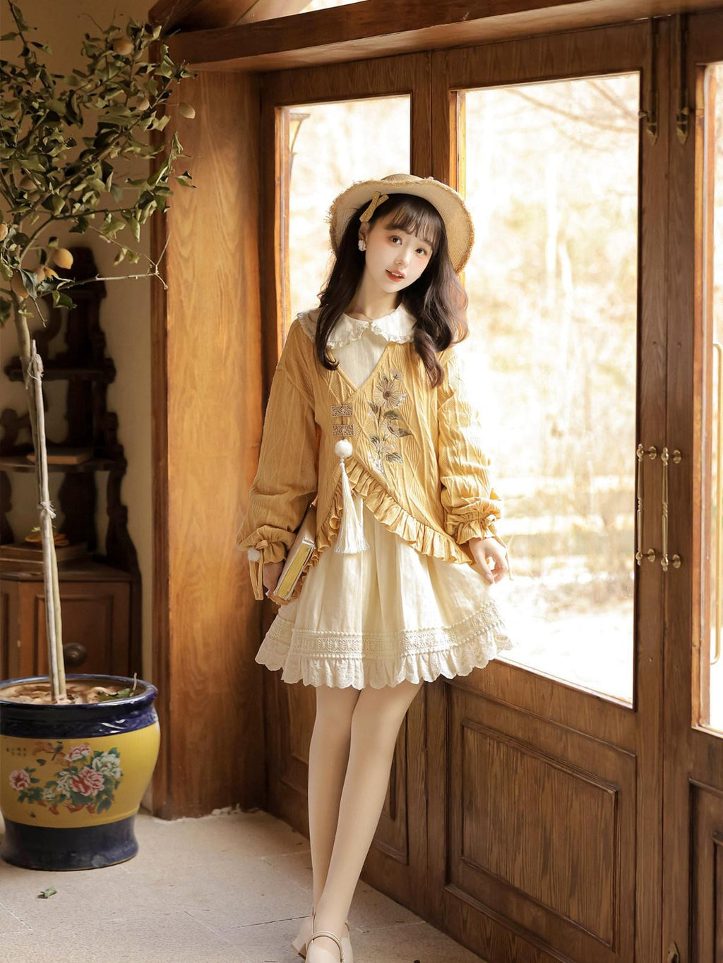 Sweet Promise Lolita Han Jacquard Doll Collar Lace Up Women's Polyester A Line Long Sleeve Op