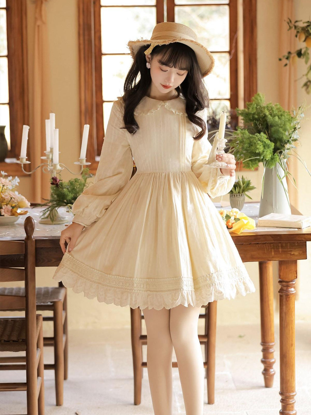 Sweet Promise Lolita Han Jacquard Doll Collar Lace Up Women's Polyester A Line Long Sleeve Op