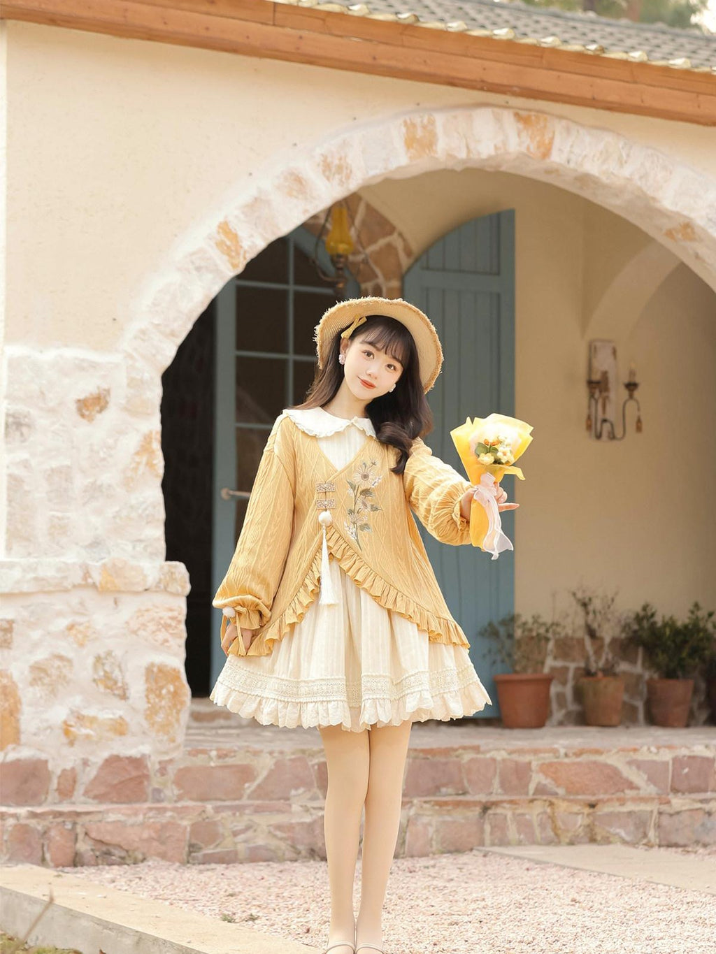 Sweet Promise Lolita Han Jacquard Doll Collar Lace Up Women's Polyester A Line Long Sleeve Op