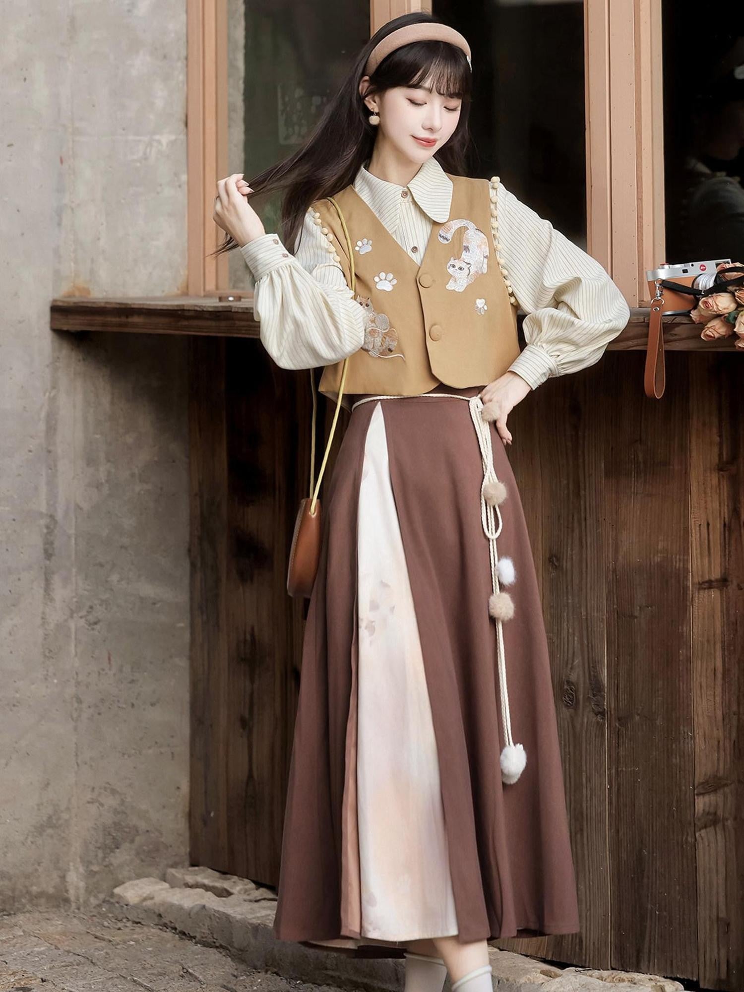 Sweet Promise Lolita New Chinese Academy Vest A Line Lapel Loose Women's Skirt Sets