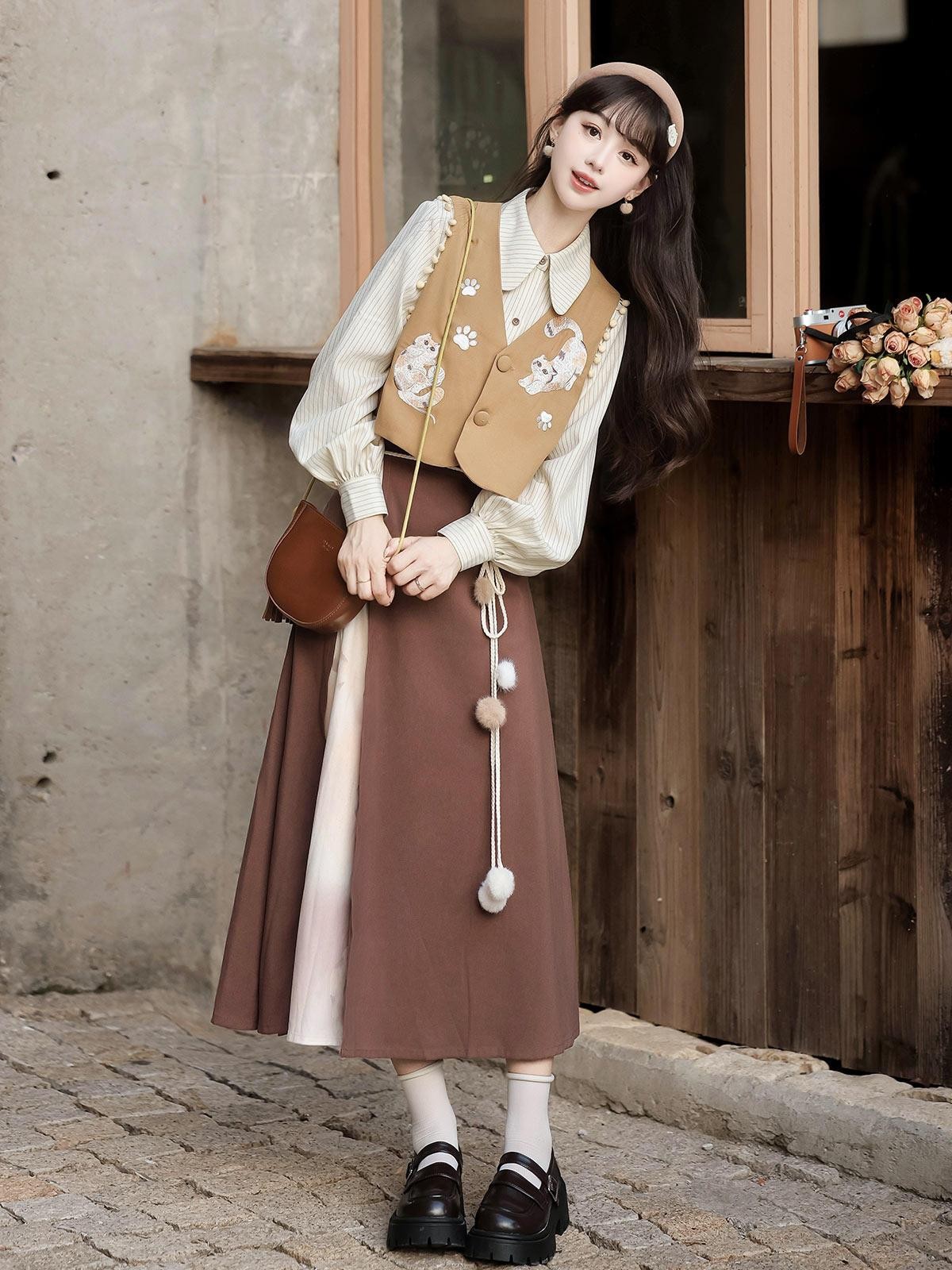 Sweet Promise Lolita New Chinese Academy Vest A Line Lapel Loose Women's Skirt Sets