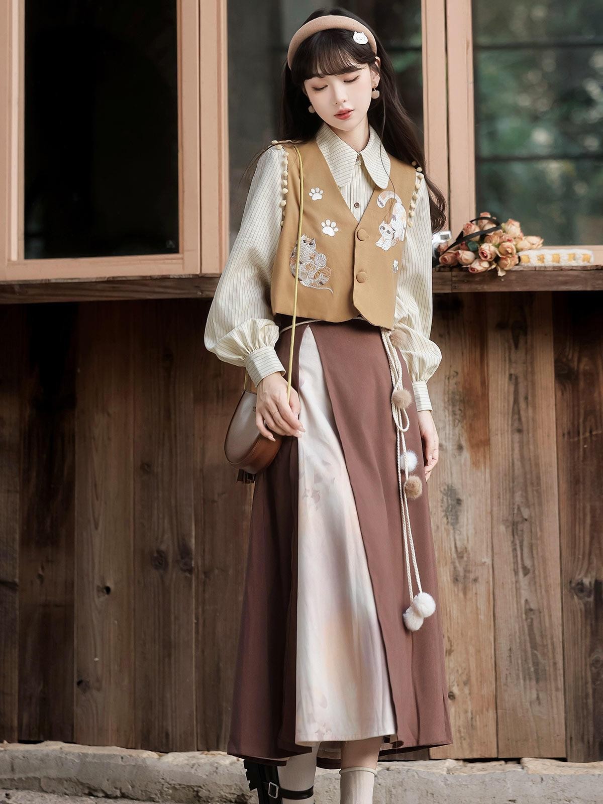 Sweet Promise Lolita New Chinese Academy Vest A Line Lapel Loose Women's Skirt Sets