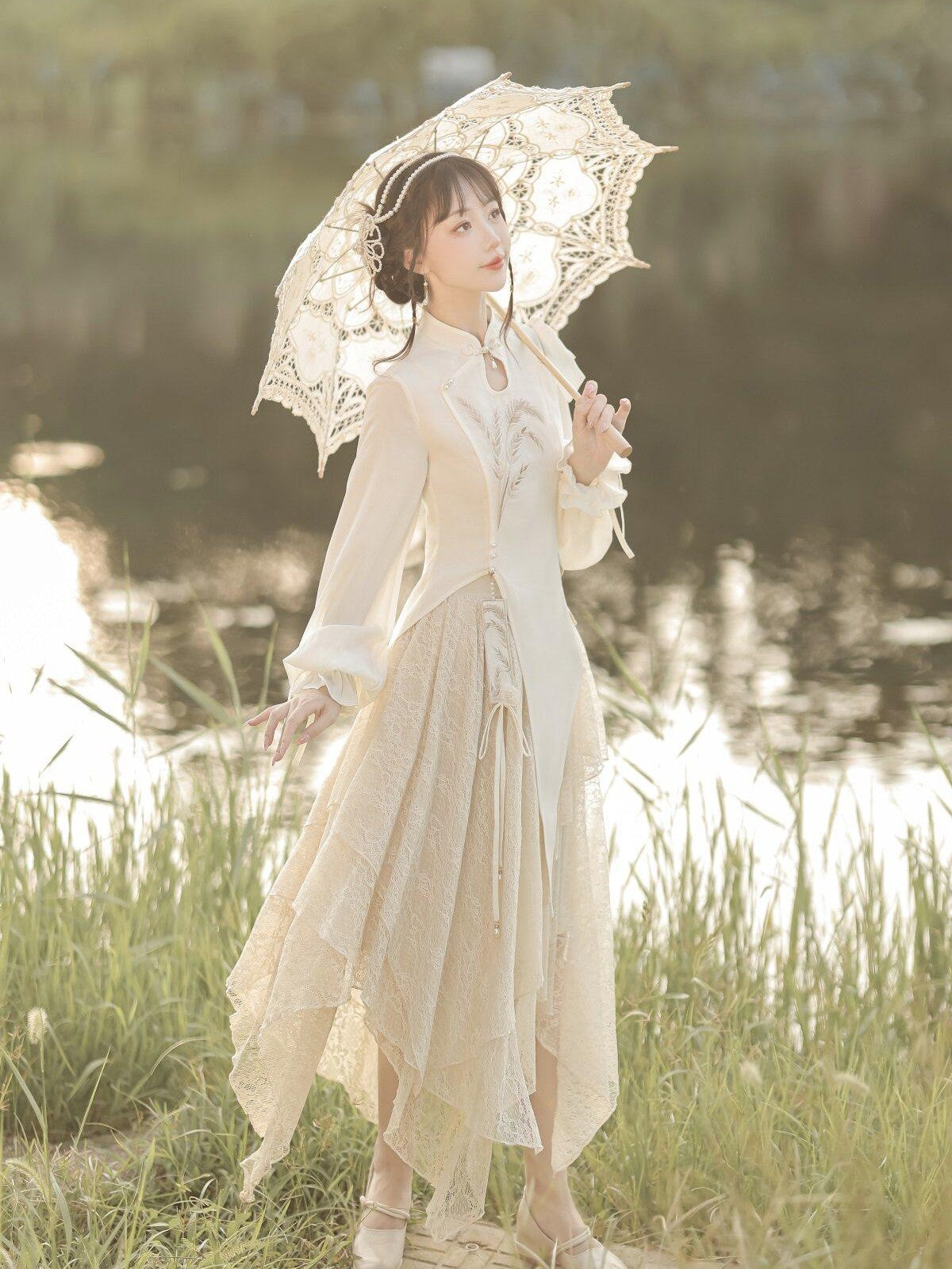 Sweet Promise Lolita Princess Floral Round Neck Long Sleeve Women's Polyester Skirt Sets