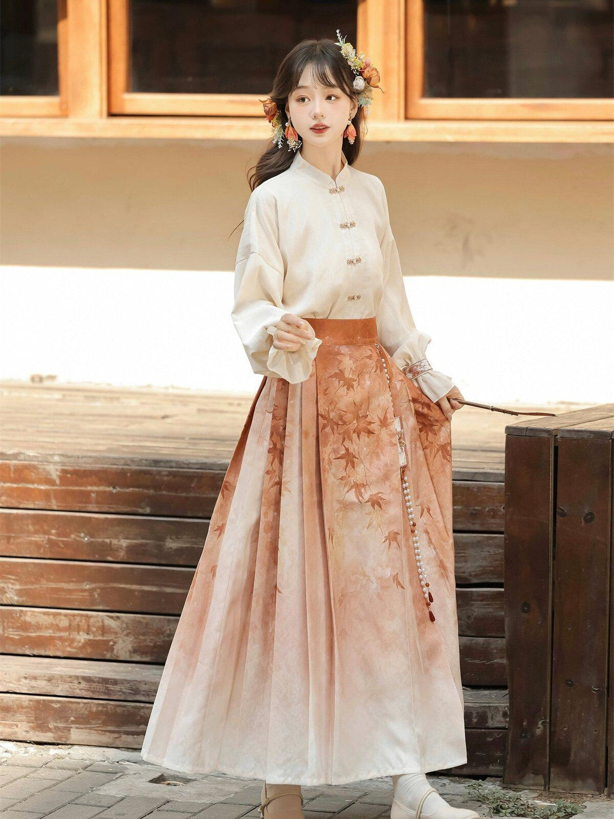 Sweet Promise Mamian Three Pleat Modified Hanfu Women's Polyester Skirt Sets