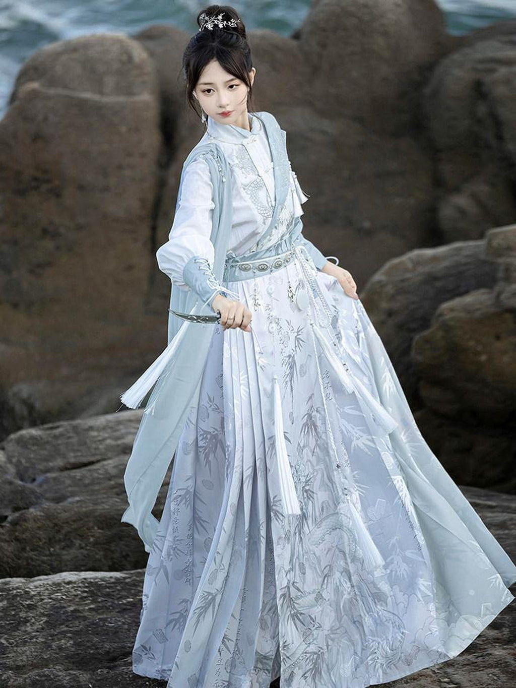 Sweet Promise Ming Style Han Elements Ma Mian Pleated Skirt Women's Polyester Skirt Sets
