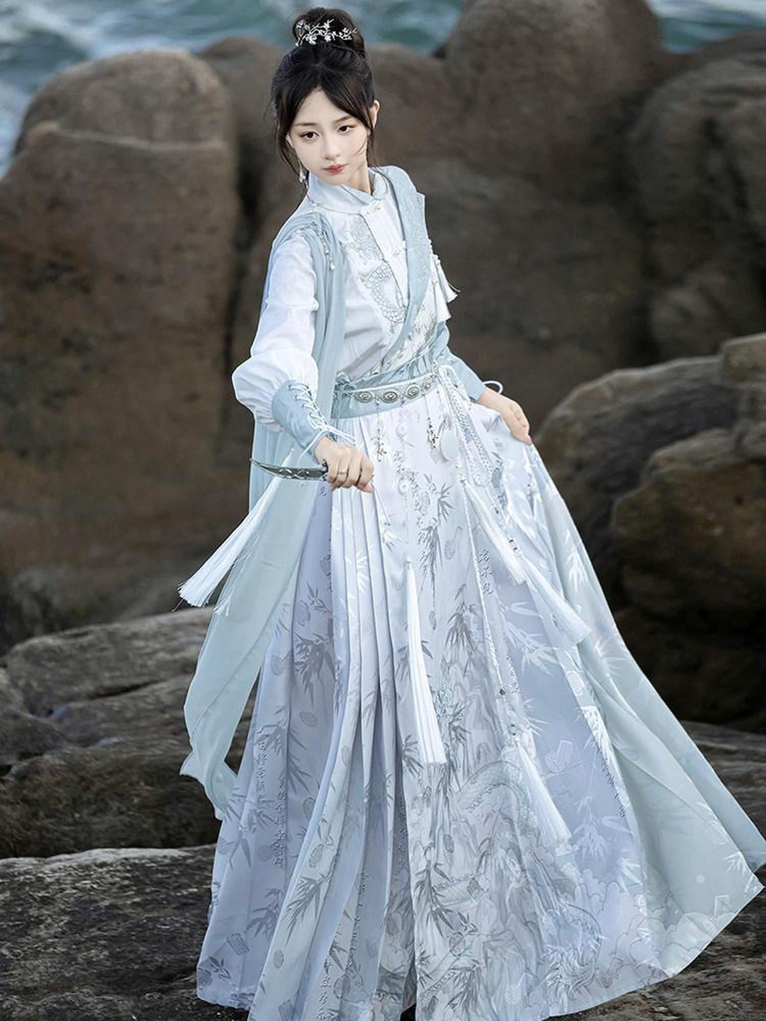Sweet Promise Ming Style Han Elements Ma Mian Pleated Skirt Women's Polyester Skirt Sets