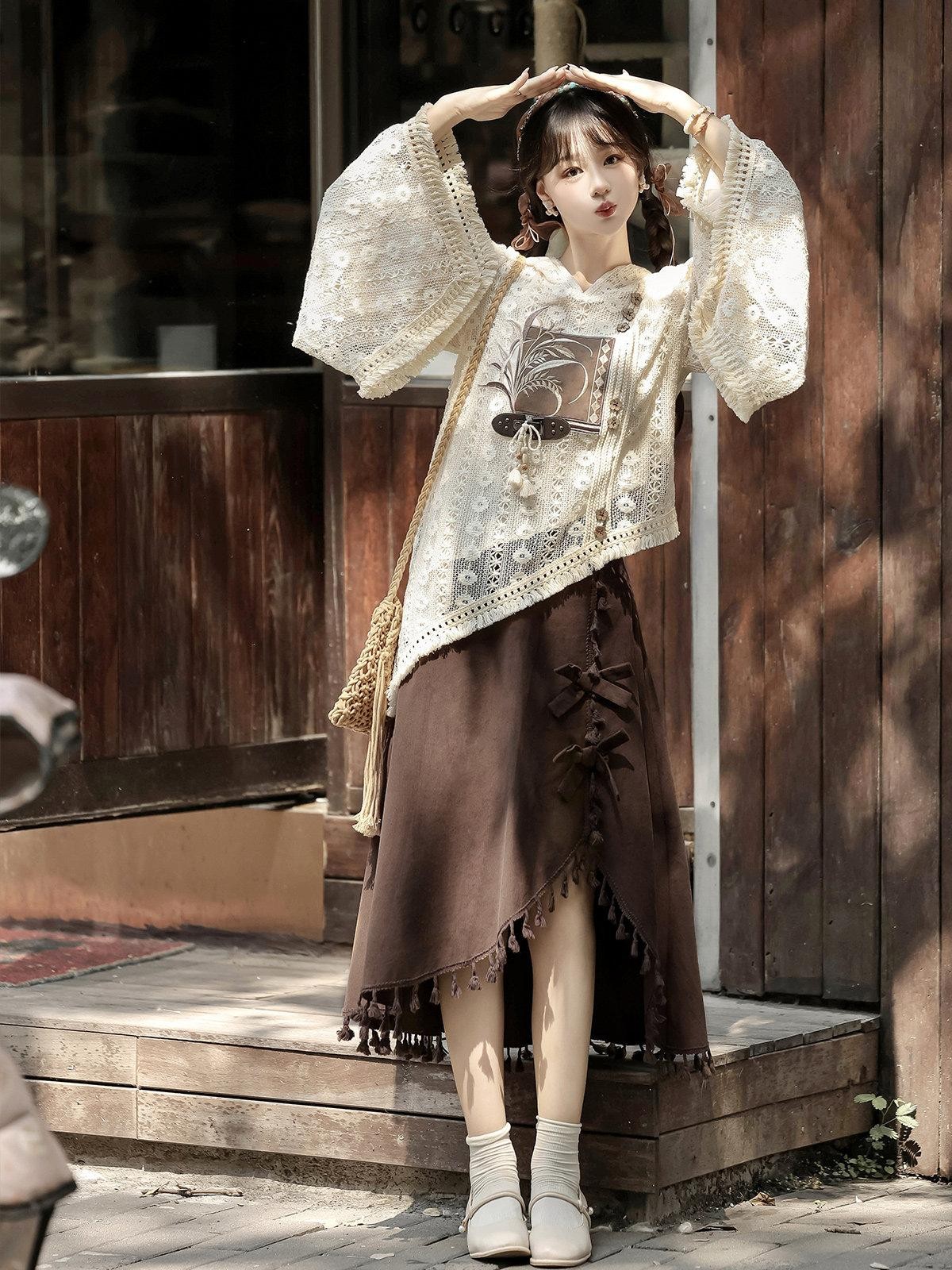 Sweet Promise Modified Hanfu Vintage Chinese Style A Line Solid Polyester Women's Skirt Sets