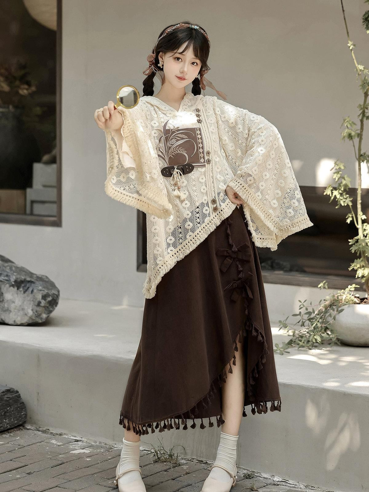 Sweet Promise Modified Hanfu Vintage Chinese Style A Line Solid Polyester Women's Skirt Sets