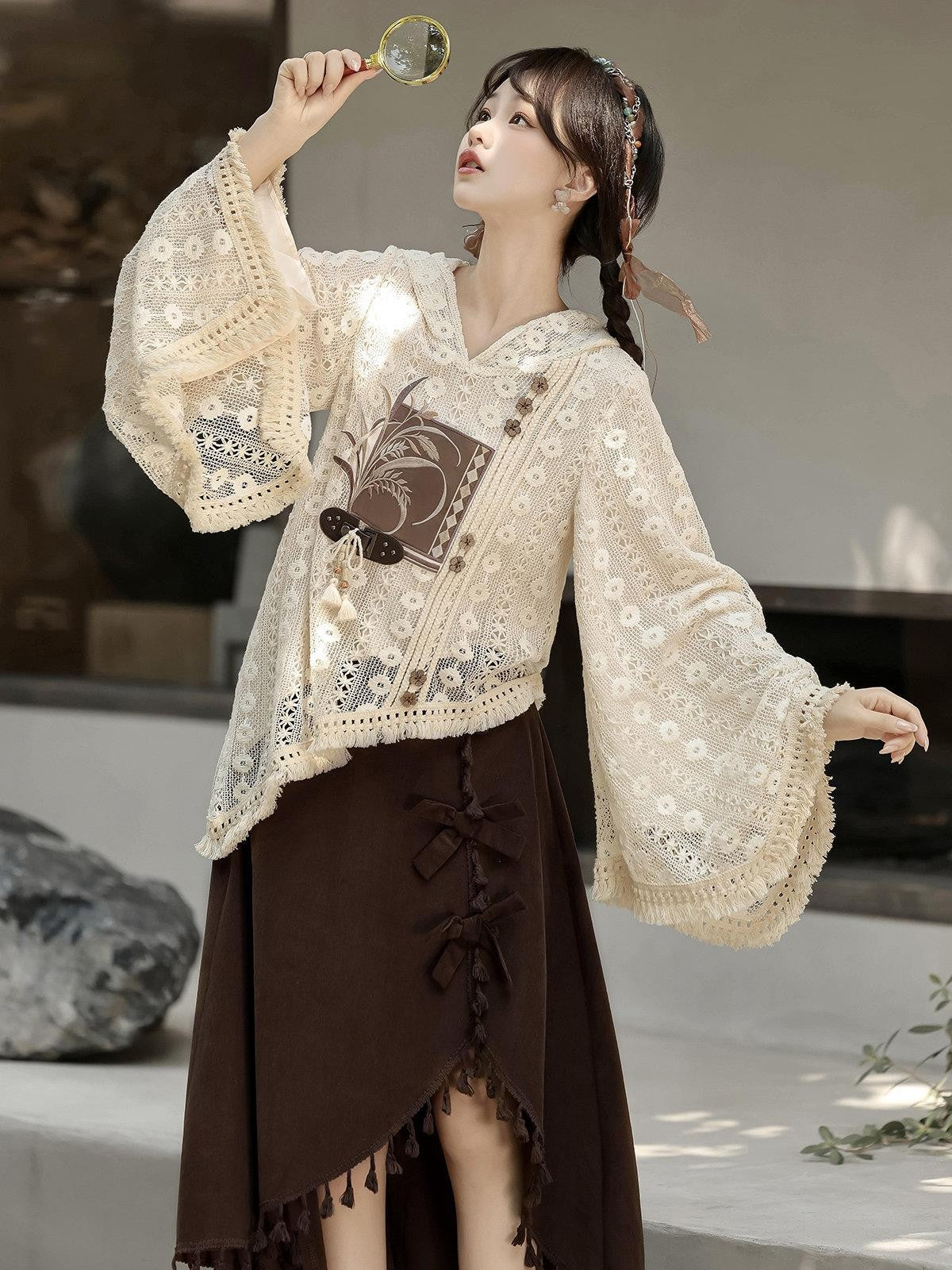 Sweet Promise Modified Hanfu Vintage Chinese Style A Line Solid Polyester Women's Skirt Sets