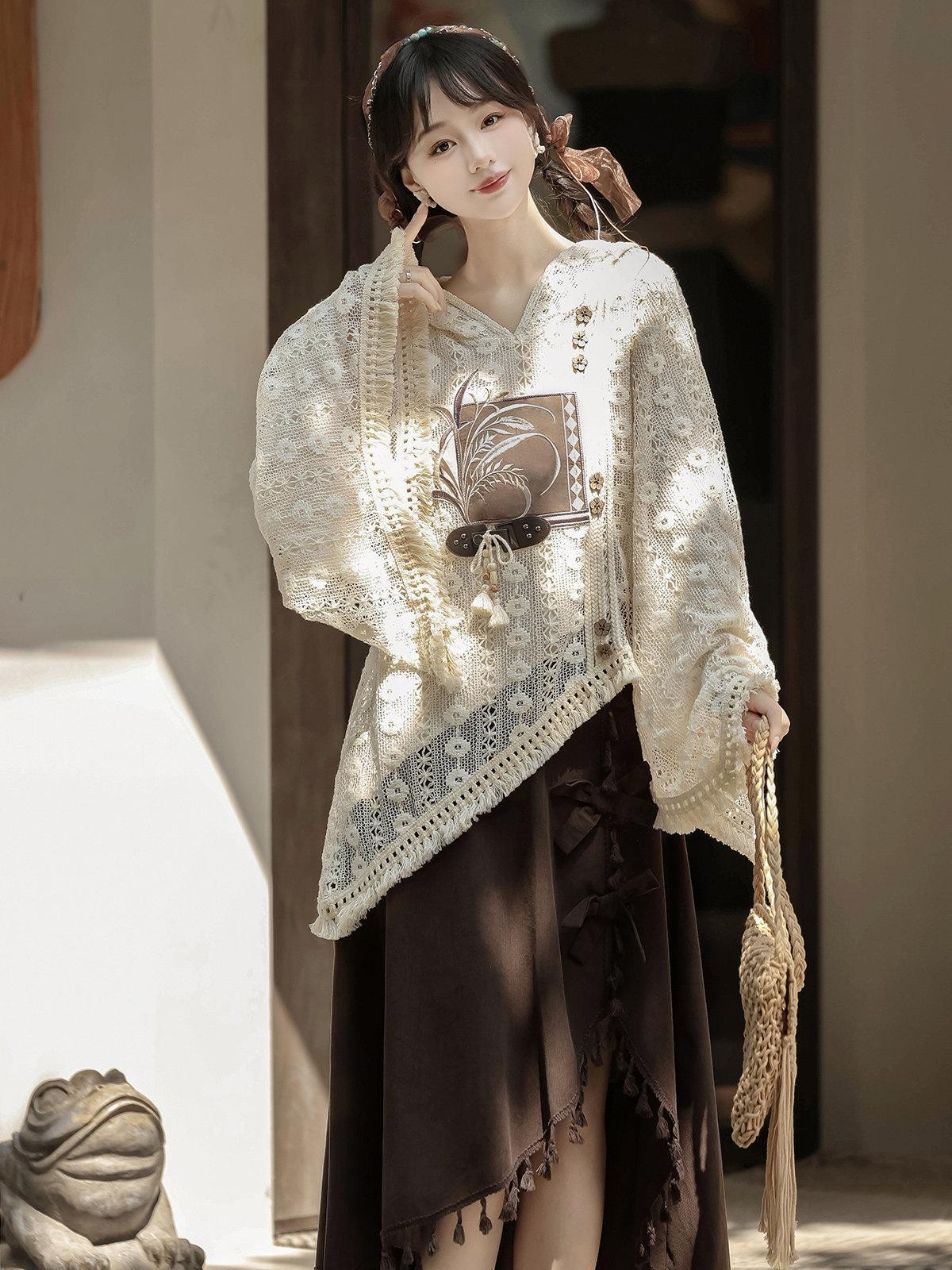 Sweet Promise Modified Hanfu Vintage Chinese Style A Line Solid Polyester Women's Skirt Sets