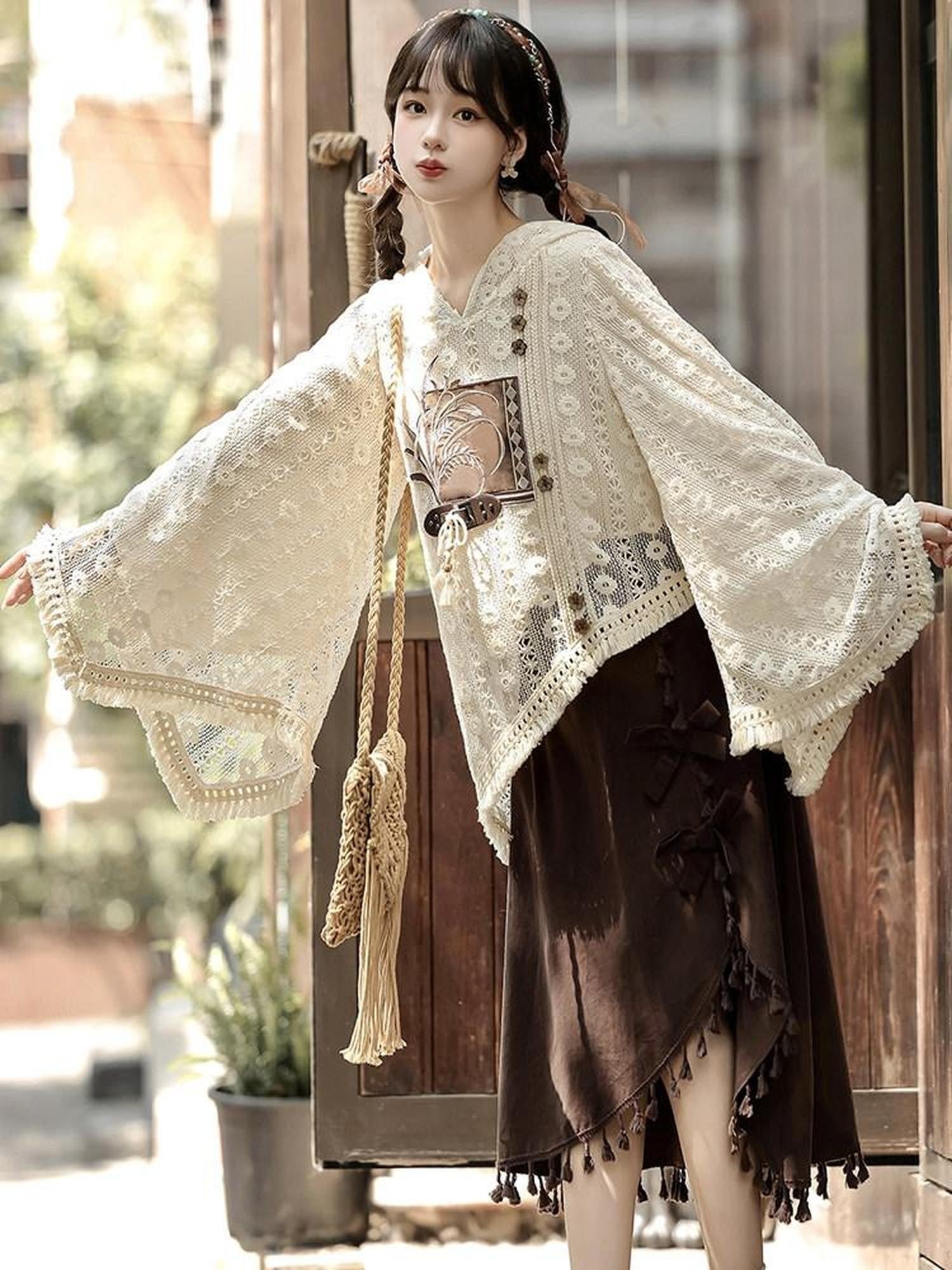 Sweet Promise Modified Hanfu Vintage Chinese Style A Line Solid Polyester Women's Skirt Sets