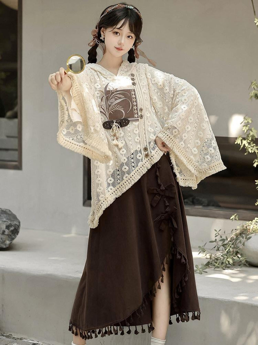Sweet Promise Modified Hanfu Vintage Chinese Style A Line Solid Polyester Women's Skirt Sets