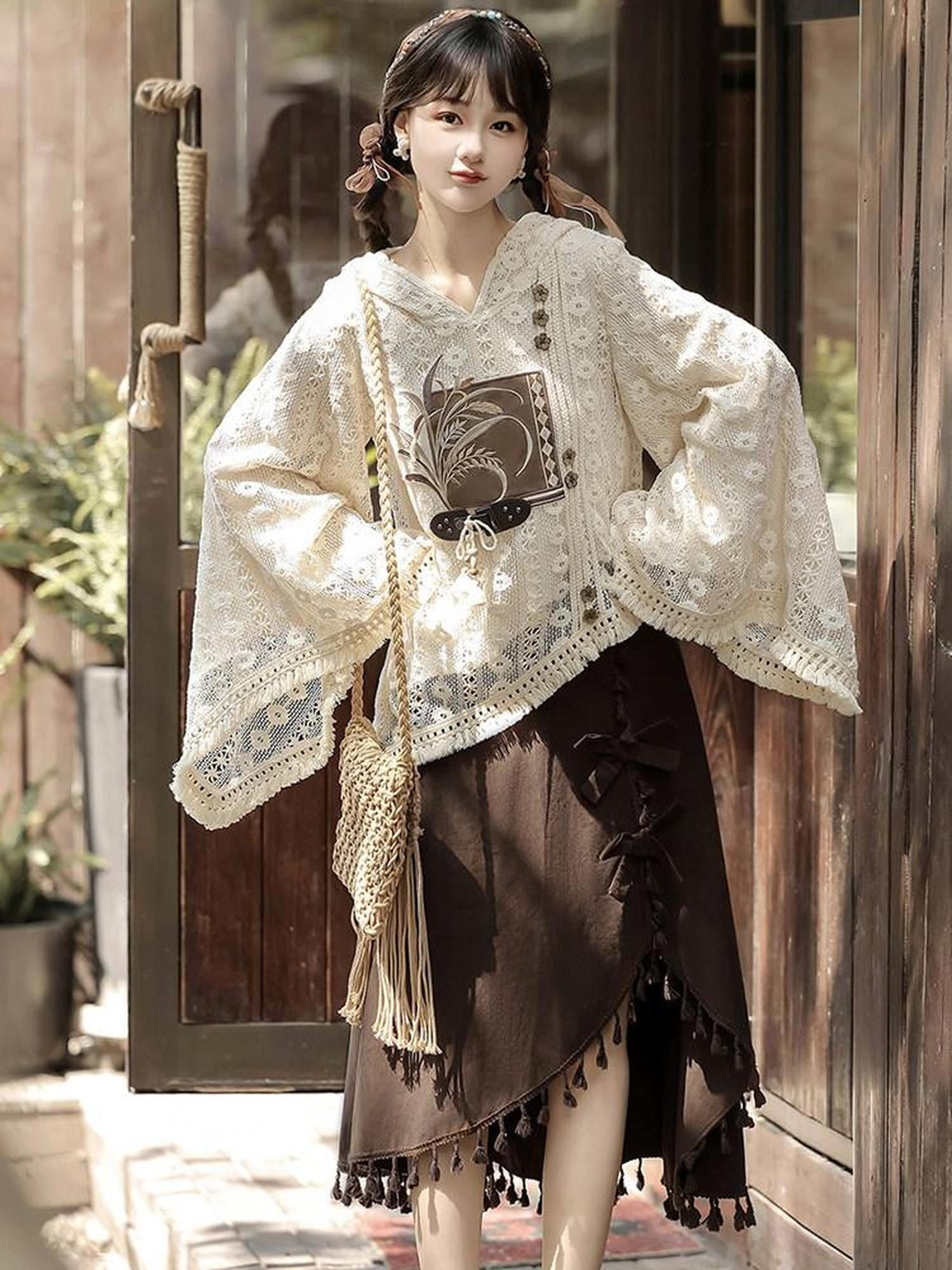 Sweet Promise Modified Hanfu Vintage Chinese Style A Line Solid Polyester Women's Skirt Sets