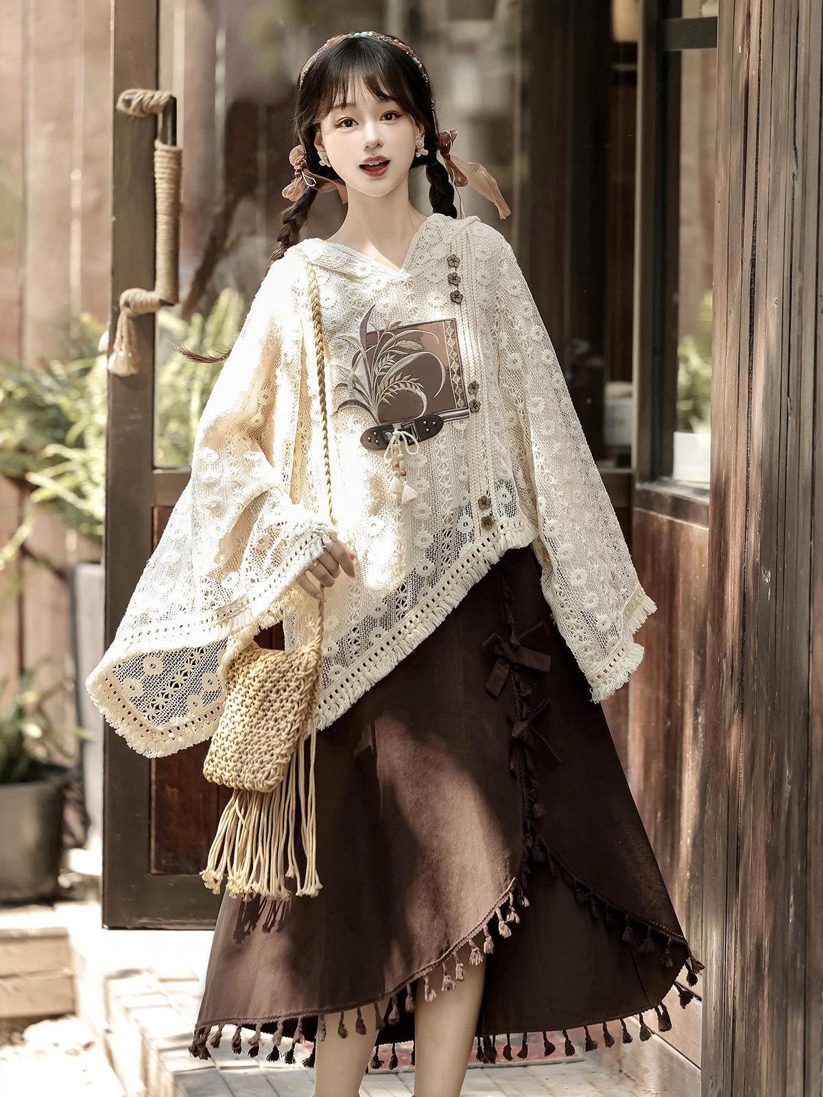 Sweet Promise Modified Hanfu Vintage Chinese Style A Line Solid Polyester Women's Skirt Sets