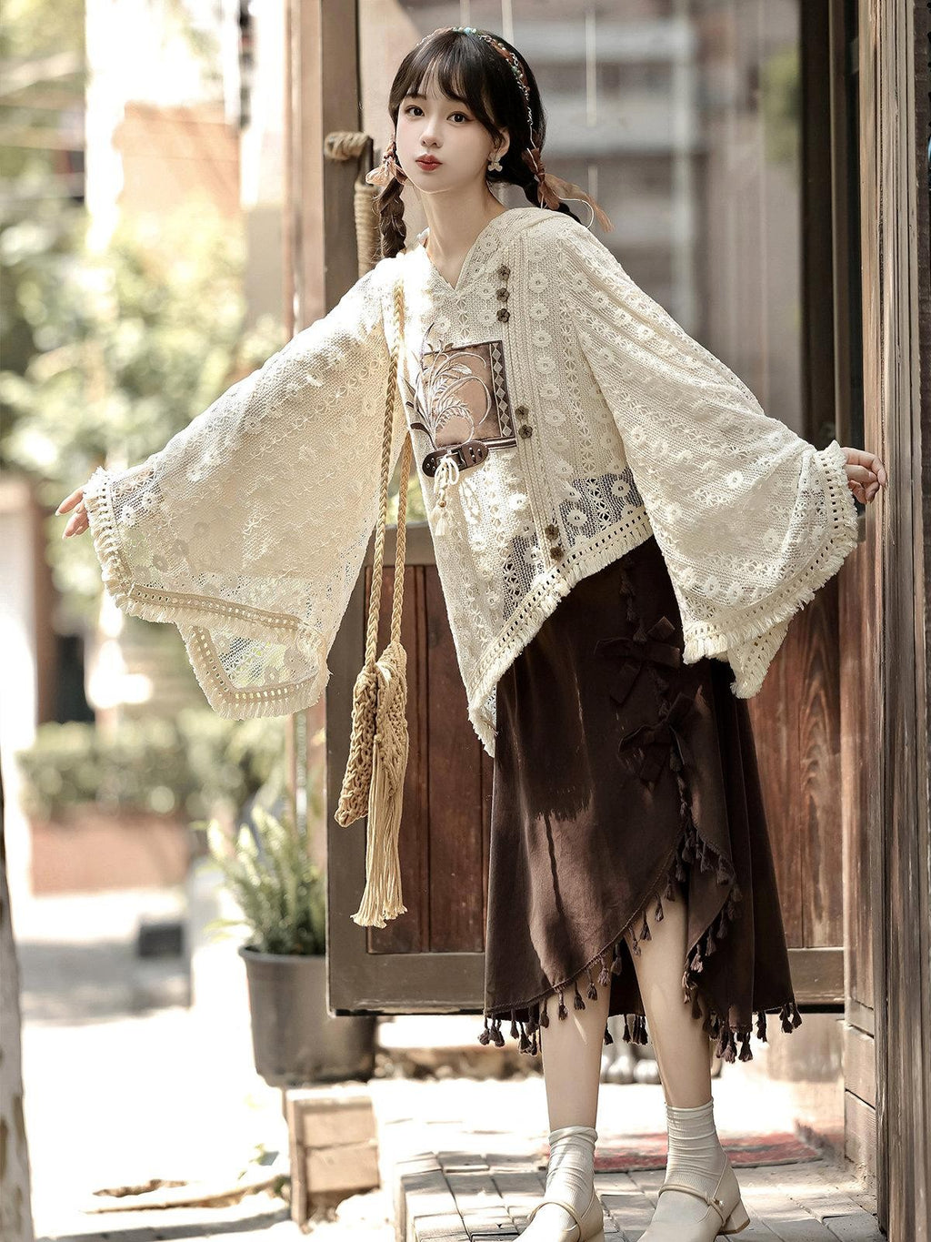 Sweet Promise Modified Hanfu Vintage Chinese Style A Line Solid Polyester Women's Skirt Sets