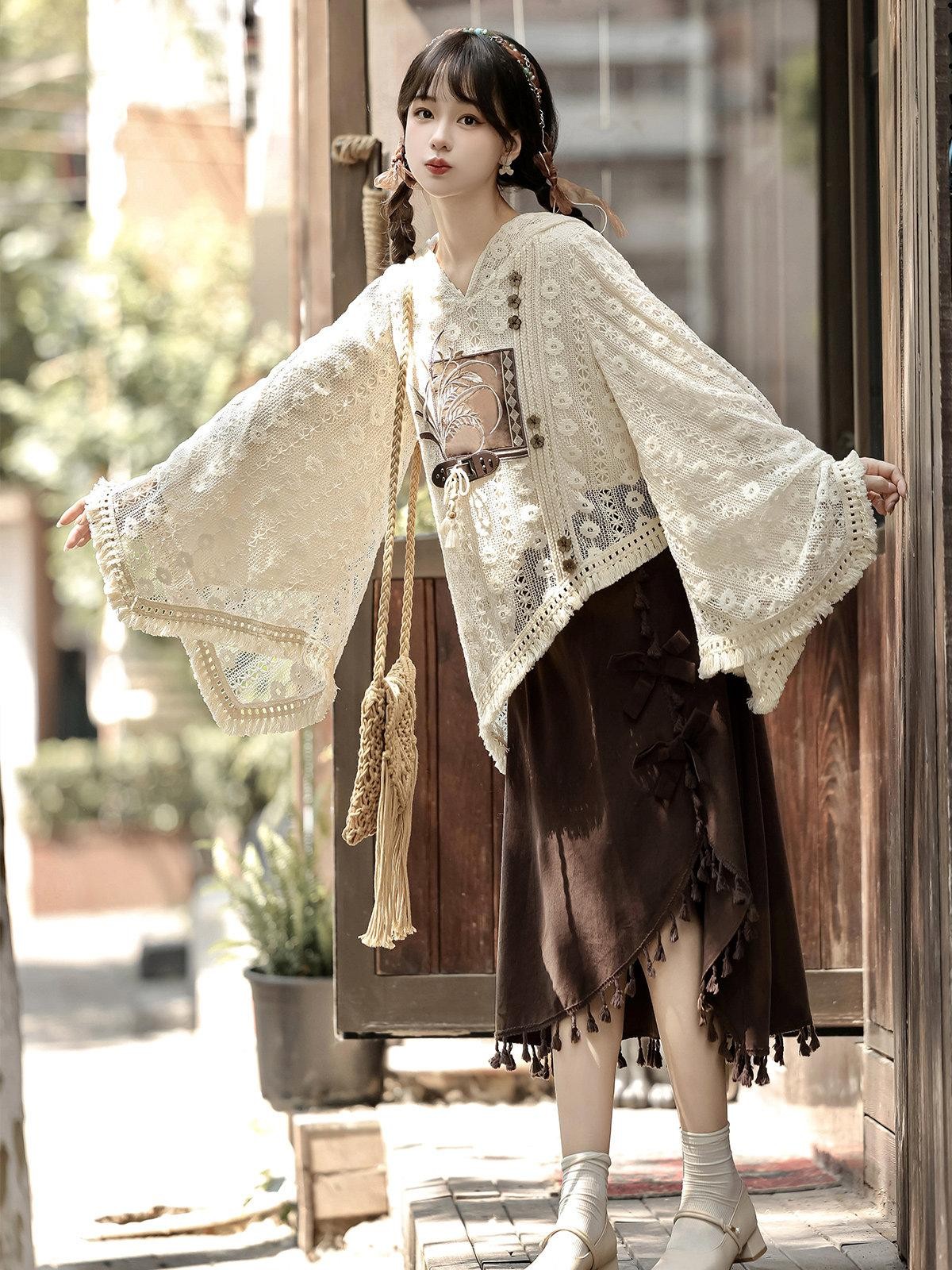 Sweet Promise Modified Hanfu Vintage Chinese Style A Line Solid Polyester Women's Skirt Sets