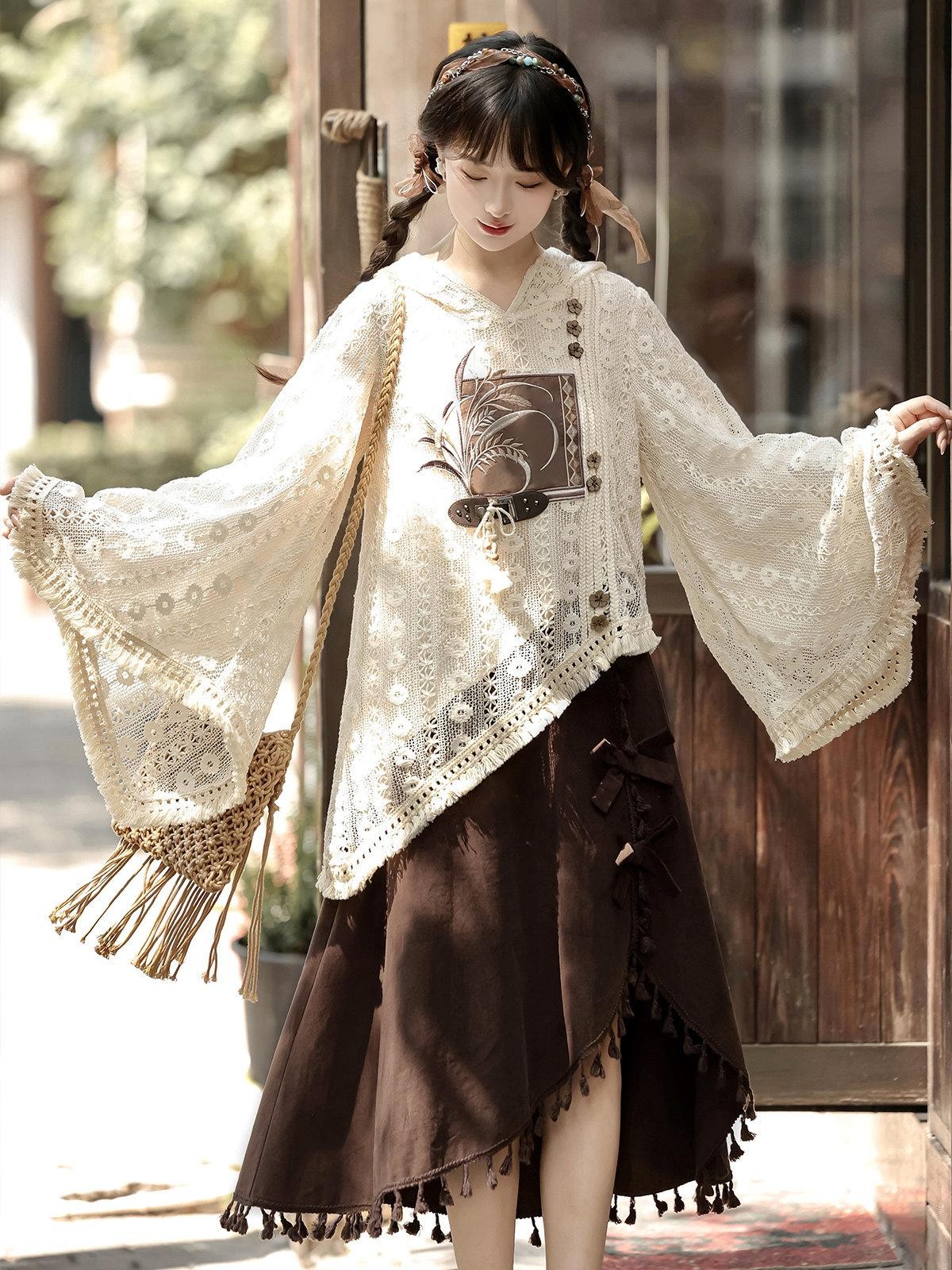 Sweet Promise Modified Hanfu Vintage Chinese Style A Line Solid Polyester Women's Skirt Sets