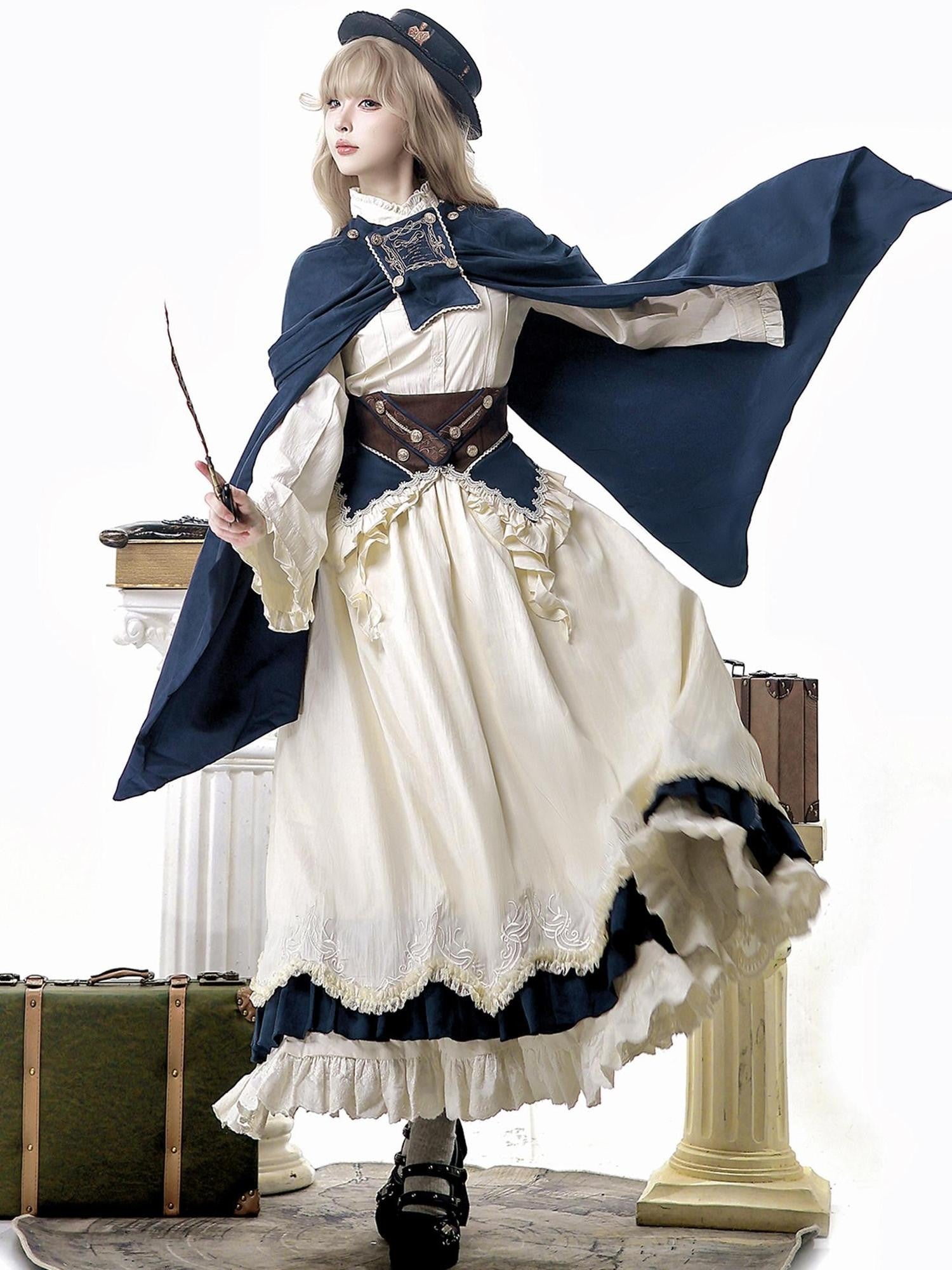 Sweet Promise Nautical Lolita Stand Collar A Line Cape Waist Corset Women's Skirt Sets