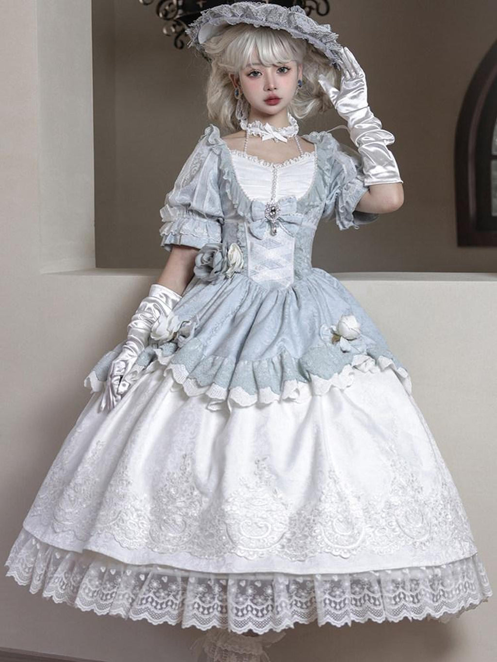 Sweet Promise Ornate Floral Lolita Panelled Women's Polyester High Waist Short Sleeve Op
