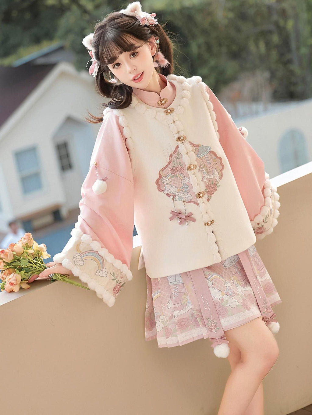 Sweet Promise Pink Chinese Lolita Mamian Aline Stand Collar Women's Skirt Sets