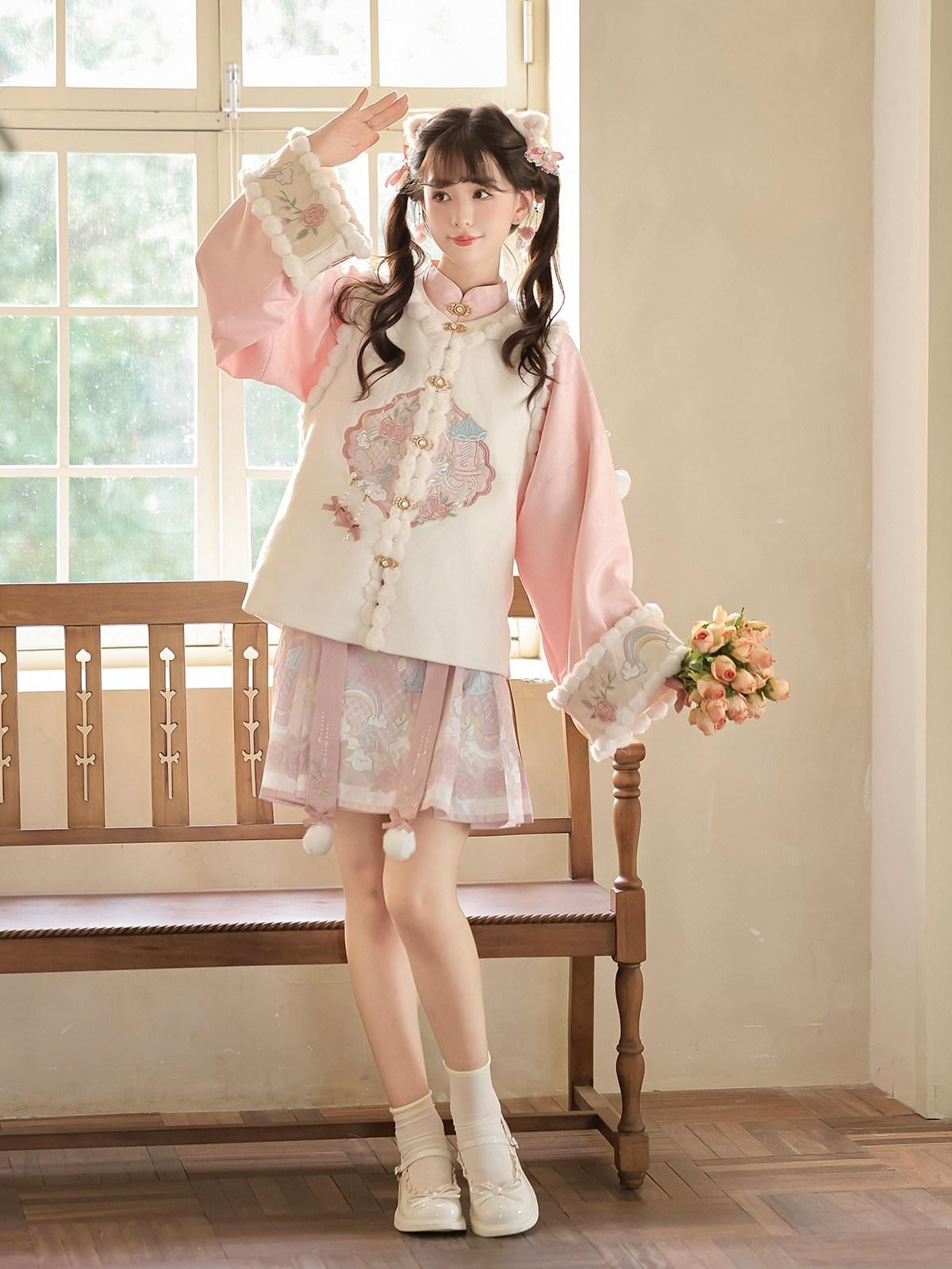 Sweet Promise Pink Chinese Lolita Mamian Aline Stand Collar Women's Skirt Sets